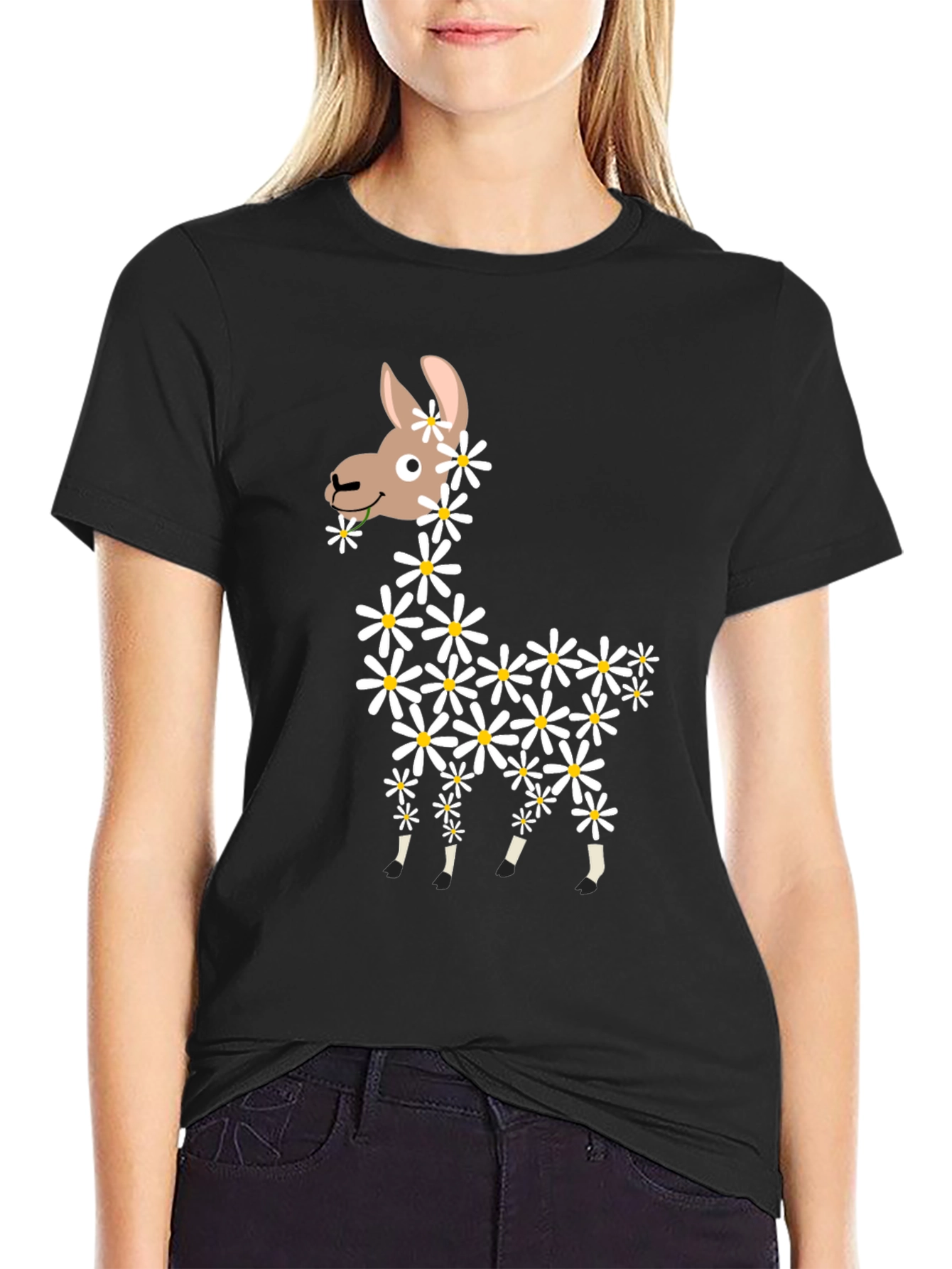 Black Llama Flower Graphic Tee - Cute & Casual Black T-Shirt view 2