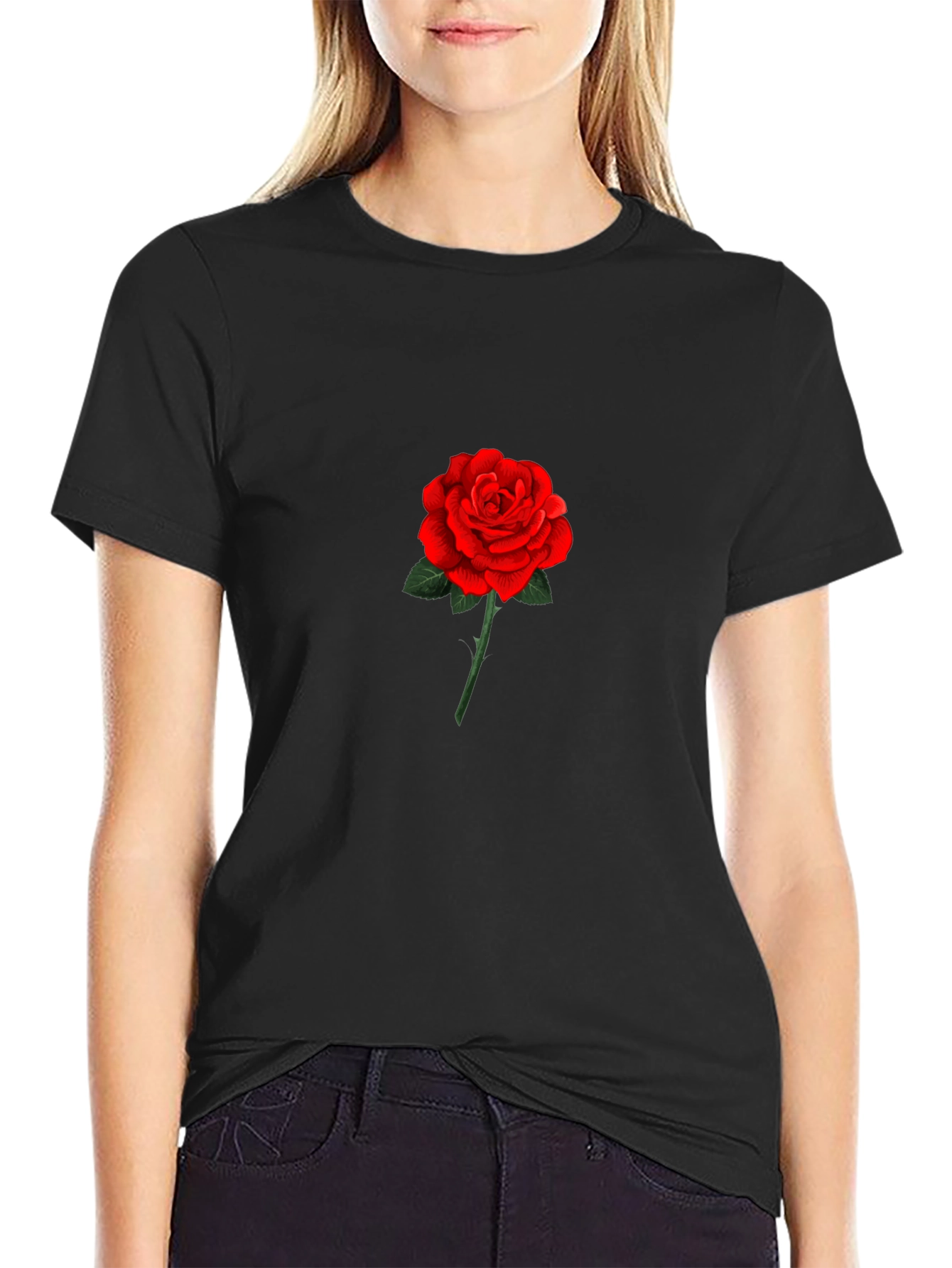 Black Red Rose Graphic T-Shirt - Stylish Floral Design view 2