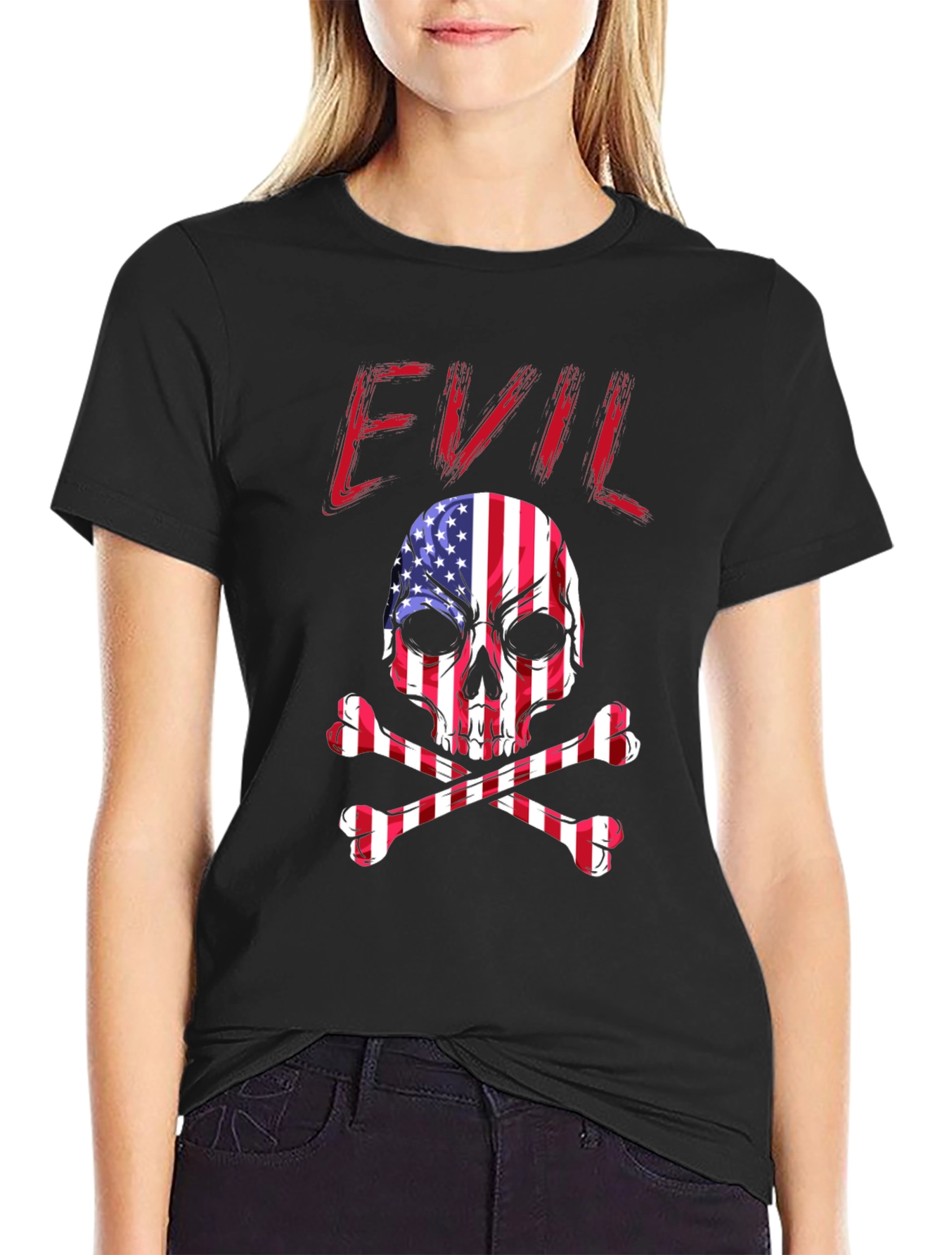 Black Evil USA Flag Skull Graphic T-Shirt view 2