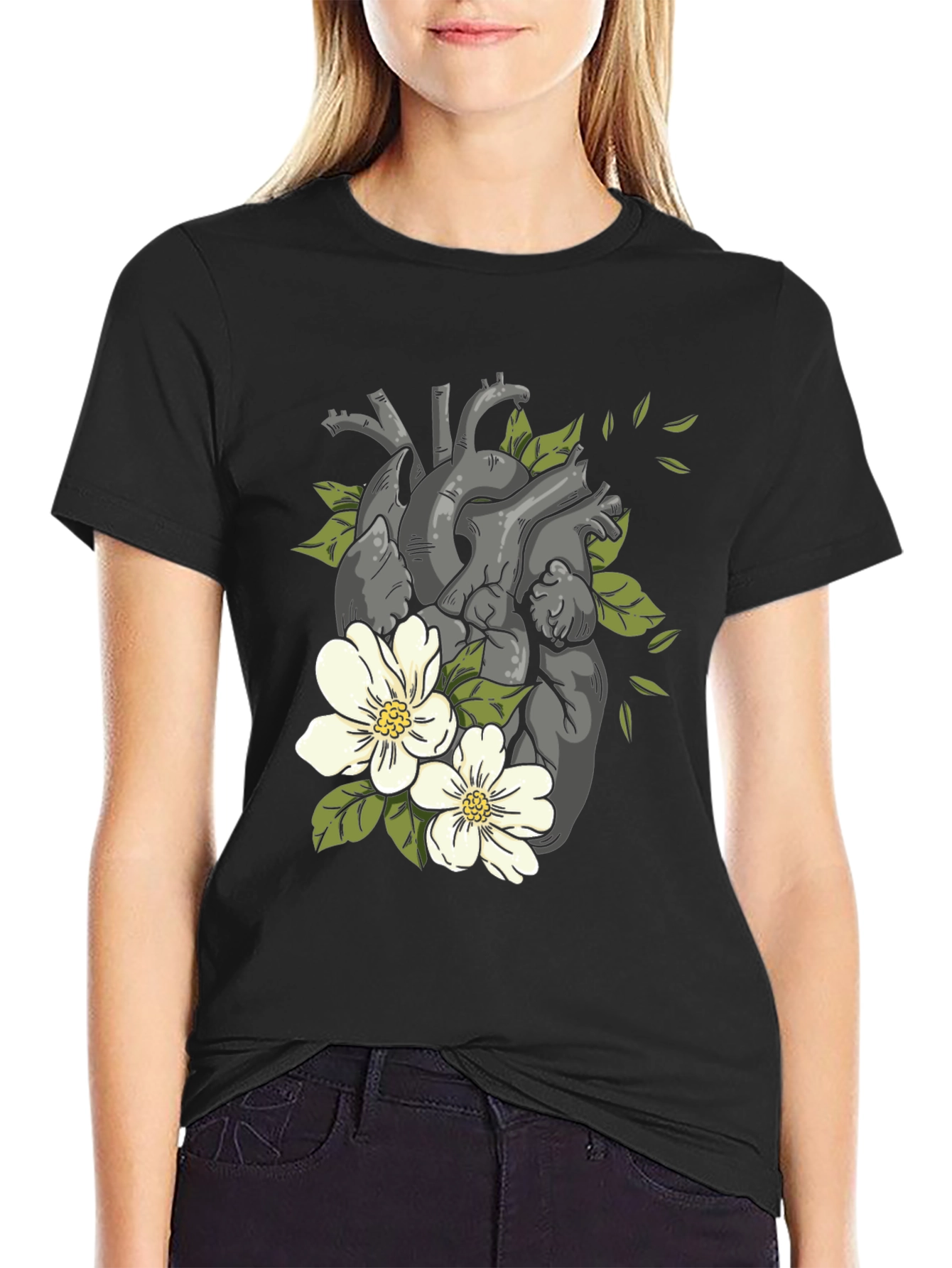 Black Floral Heart Print Black T-Shirt view 2