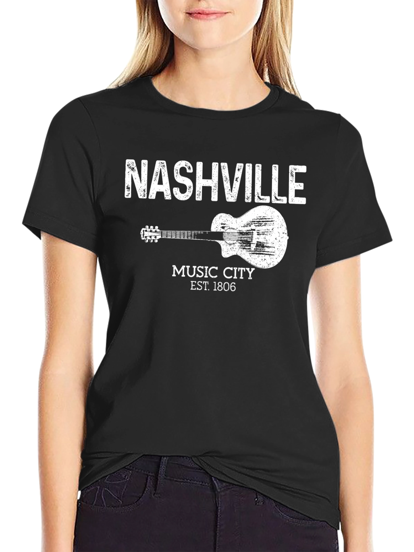 Black Nashville Music City Guitar Graphic T-Shirt view 2