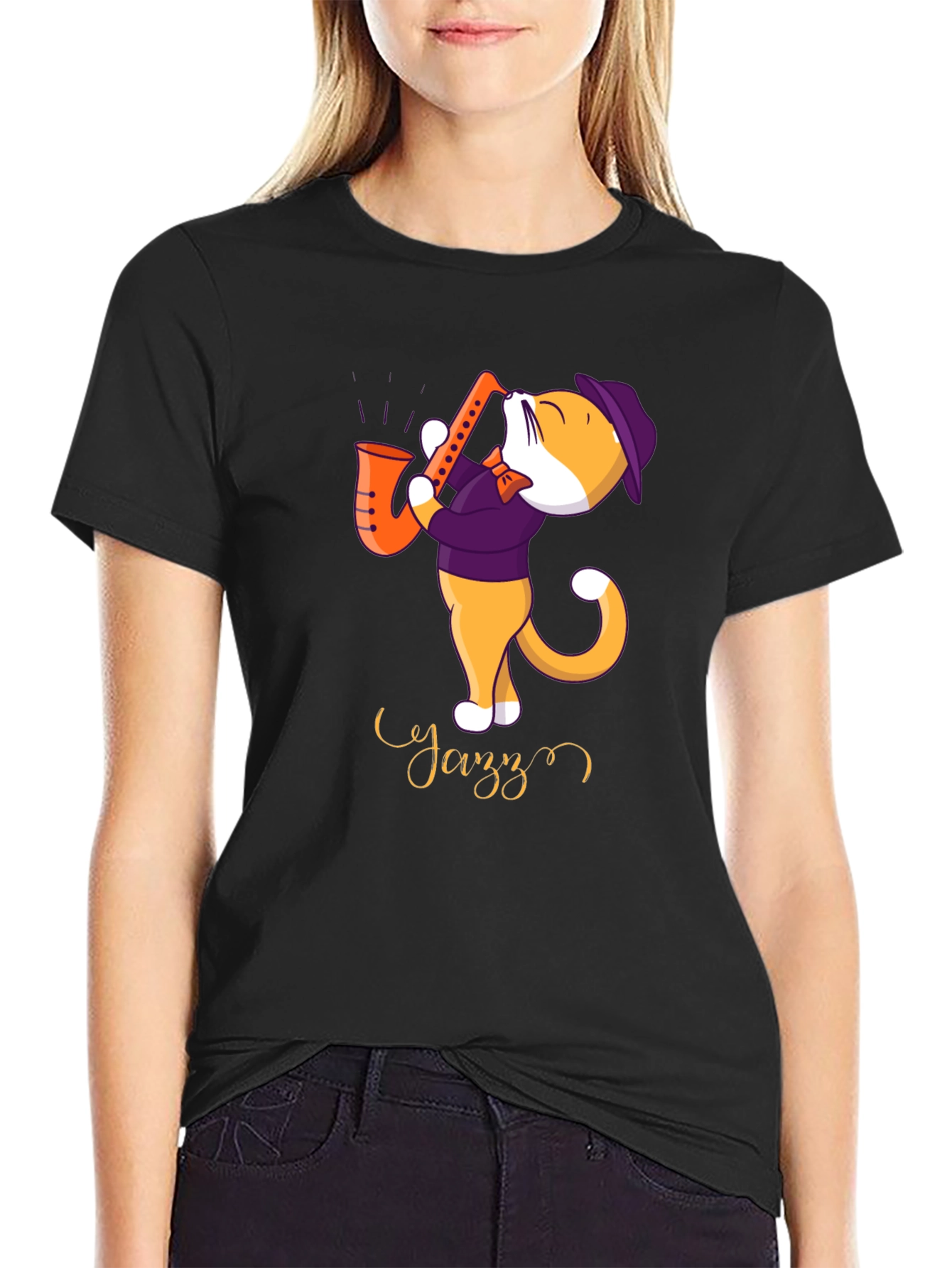 Black Jazz Cat T-Shirt - Cool Cat Playing Saxophone view 2