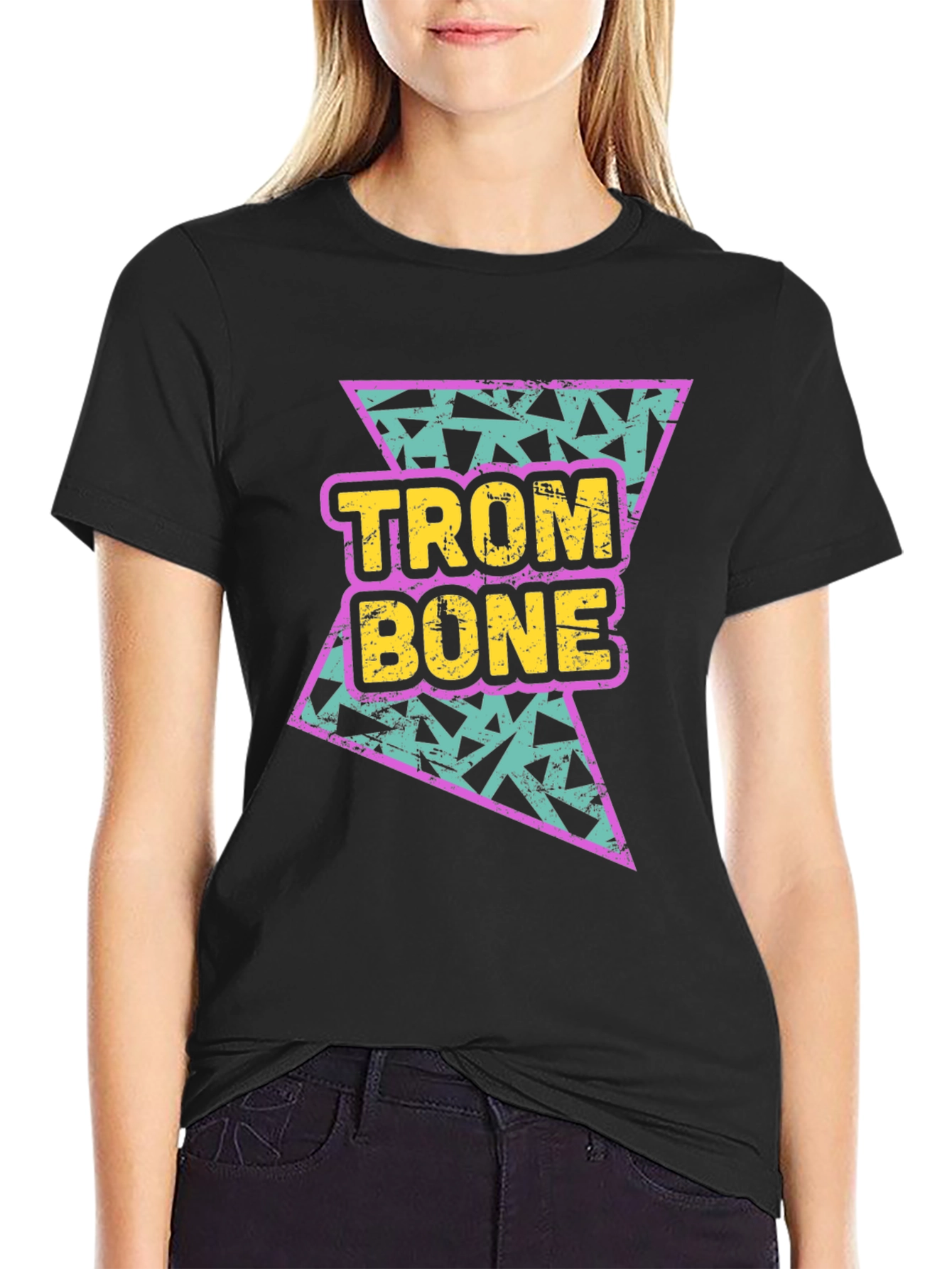 Black Retro Trombone Graphic Tee - Black Cotton T-Shirt view 2