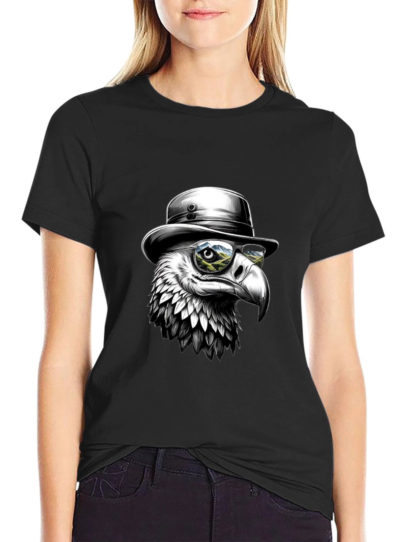 Black Cool Eagle T-Shirt - Bird with Hat & Glasses view 2