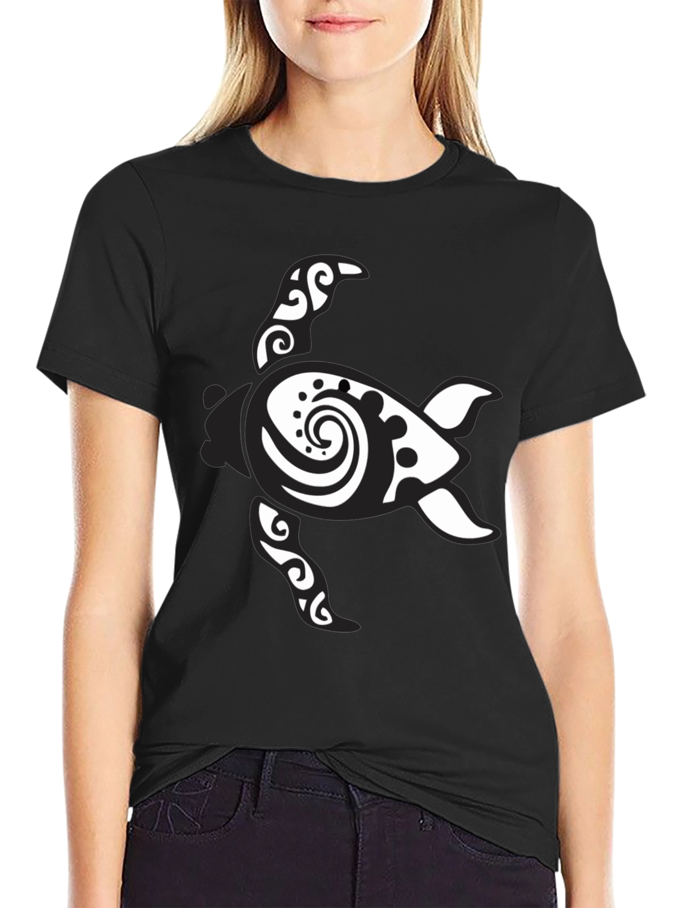 Black Tribal Turtle Graphic Print Men's Black T-Shirt view 2