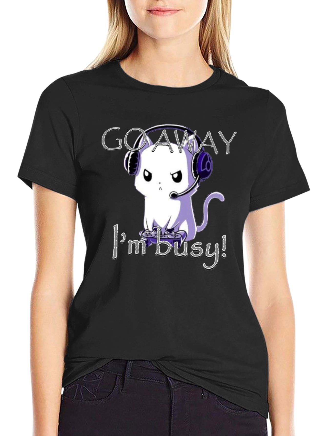 Black Gamer Cat T-Shirt - Go Away I'm Busy! view 2