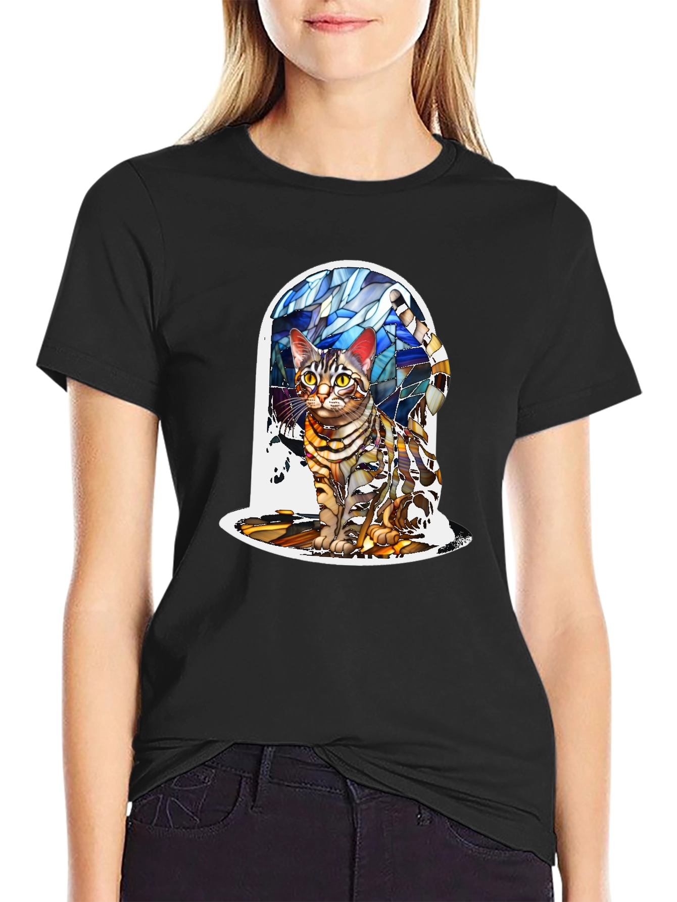 Black Stained Glass Cat T-Shirt - Artistic Feline Tee view 2