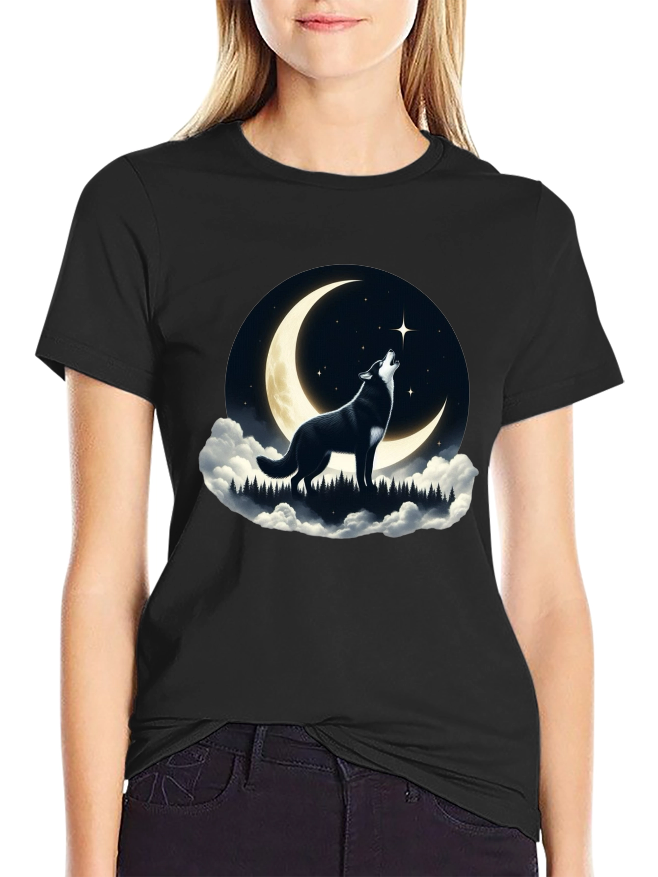Black Wolf Howling at Moon Graphic Tee - Black view 2