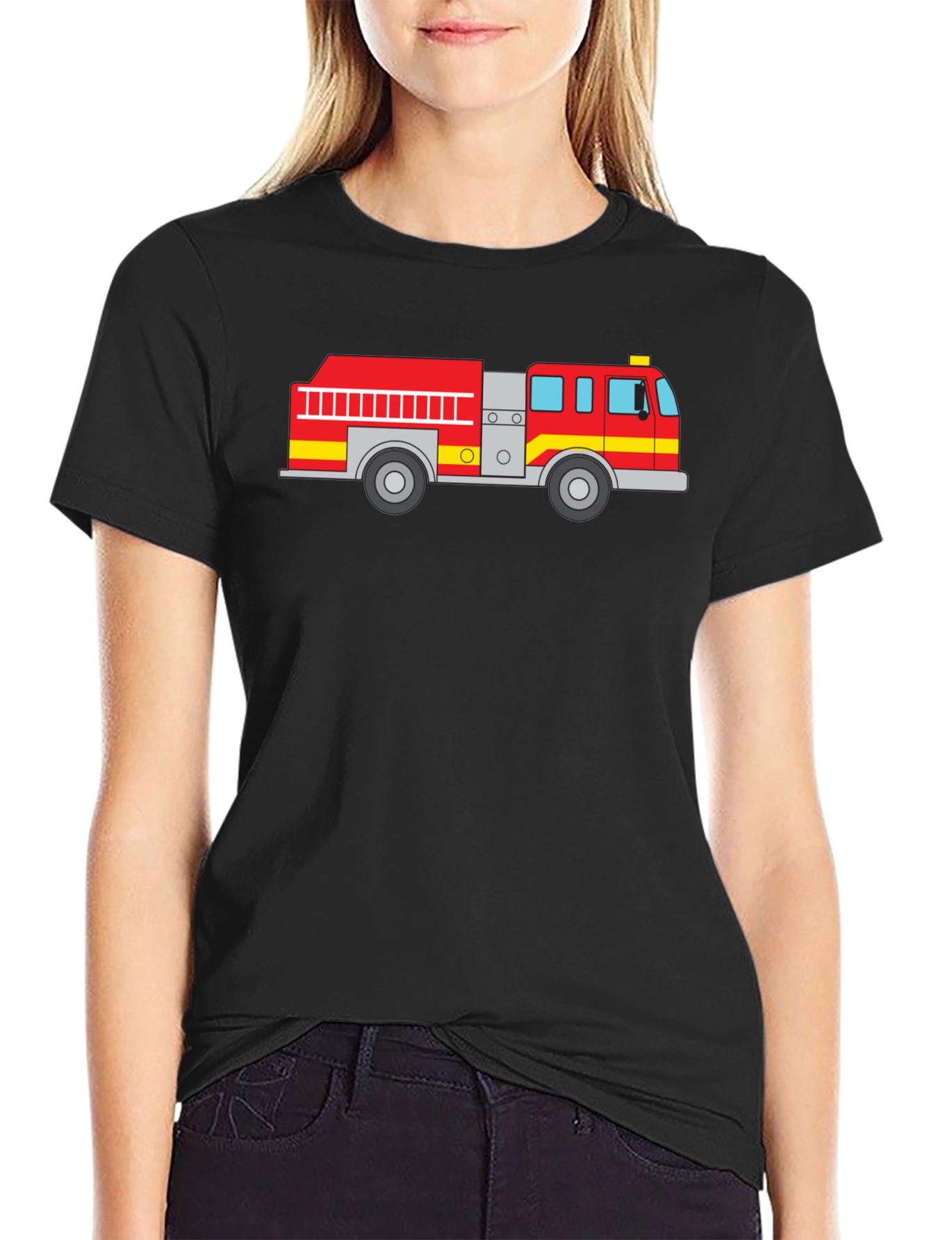 Black Fire Truck Graphic Tee - Black Cotton T-Shirt view 2