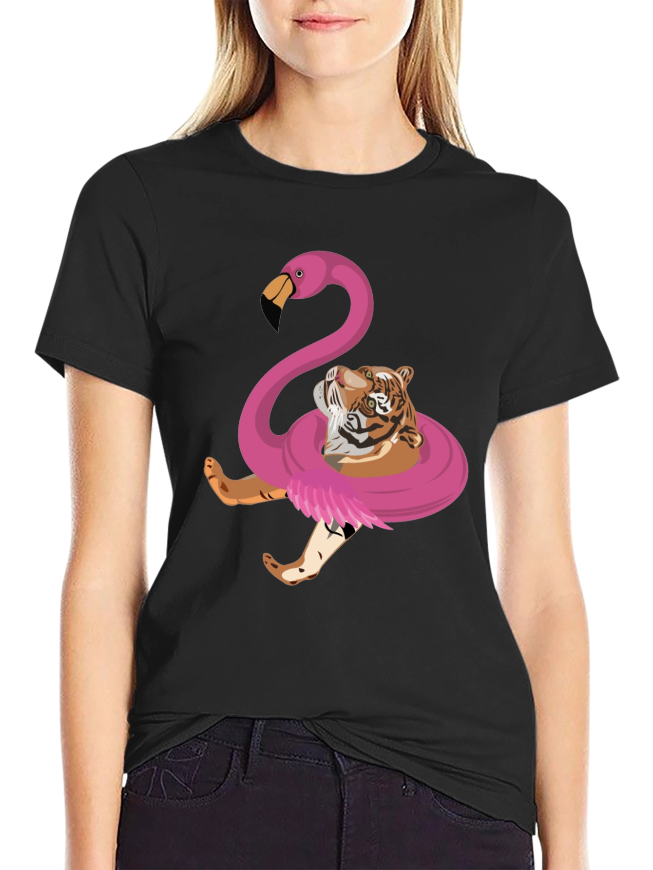 Black Tiger Flamingo Float T-Shirt - Quirky Animal Graphic Tee view 2