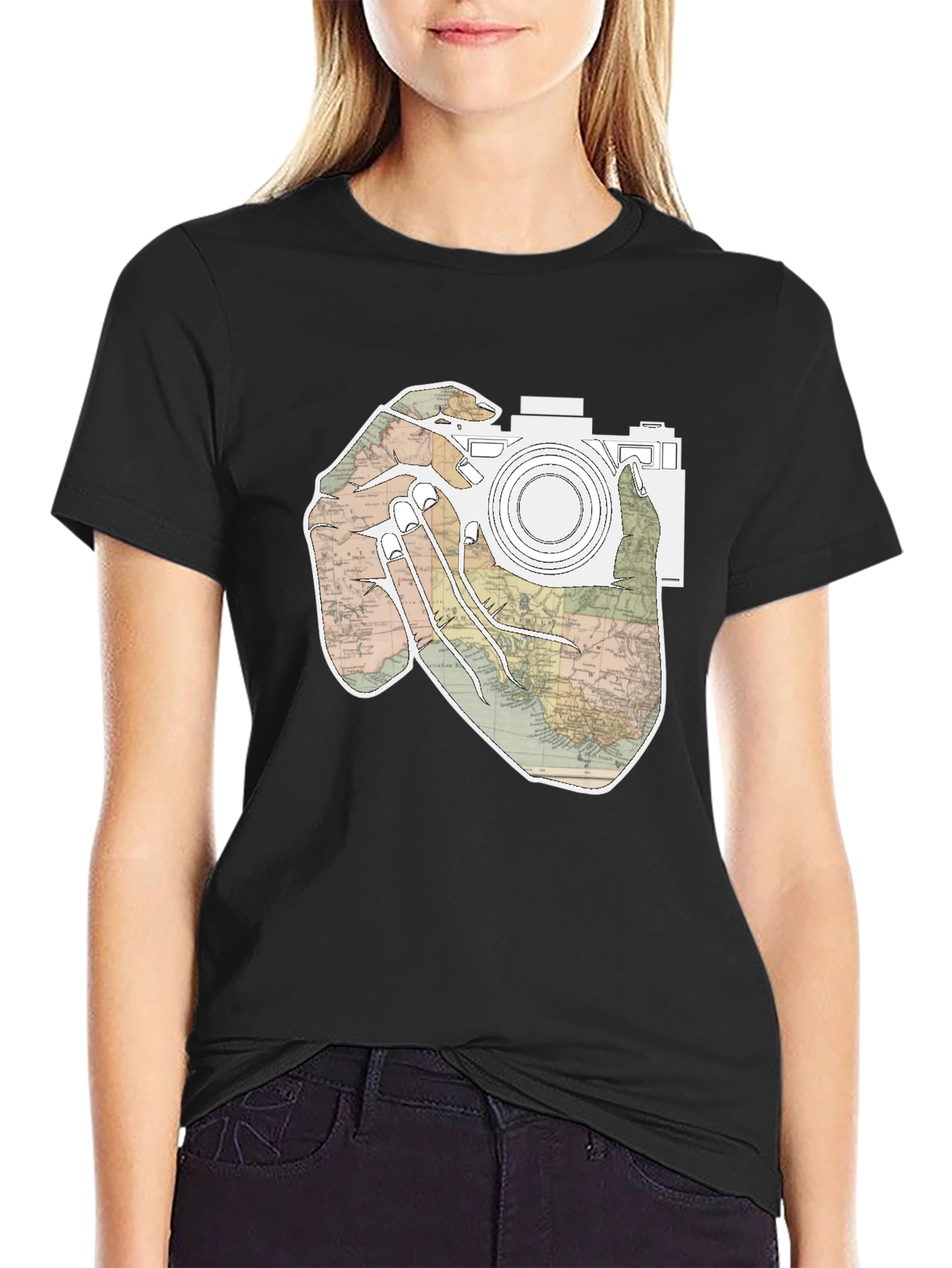 Black World Map Camera T-Shirt view 2