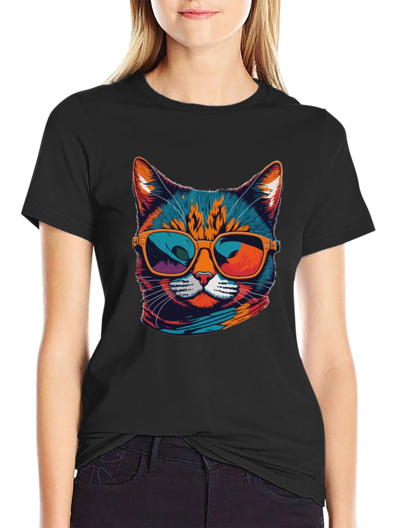 Black Cool Cat Graphic Tee - Unisex Black T-Shirt view 2