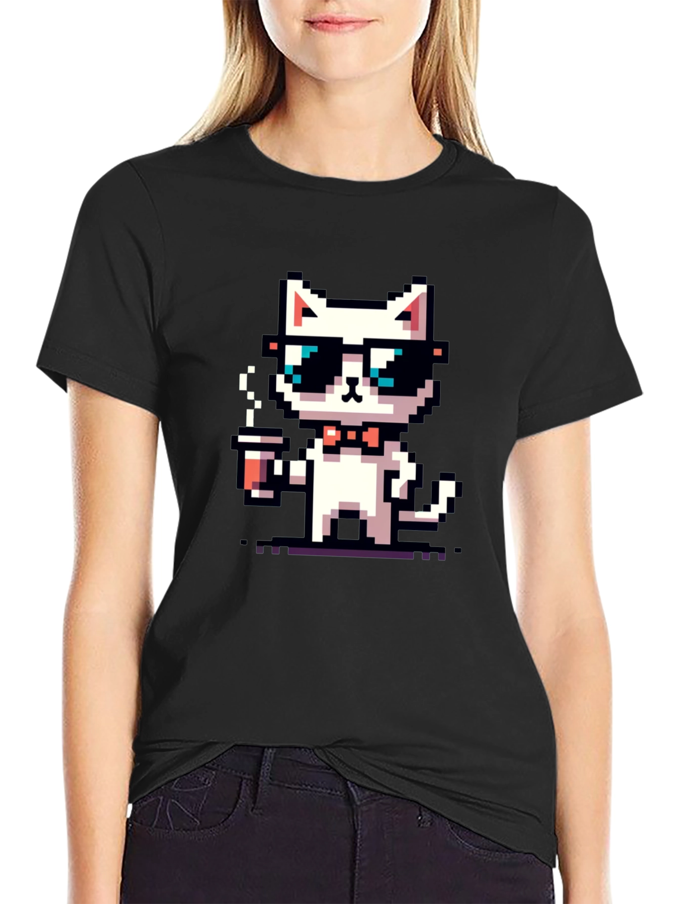 Black Cool Pixel Cat Coffee T-Shirt view 2