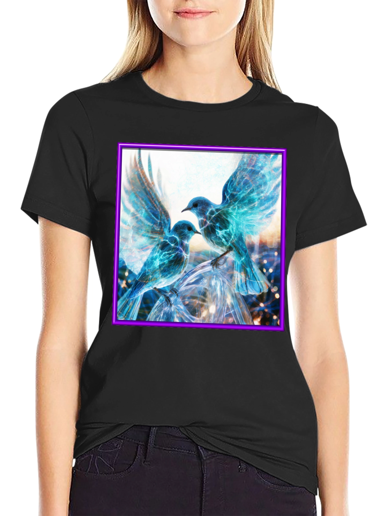 Black Electric Blue Bird T-Shirt view 2