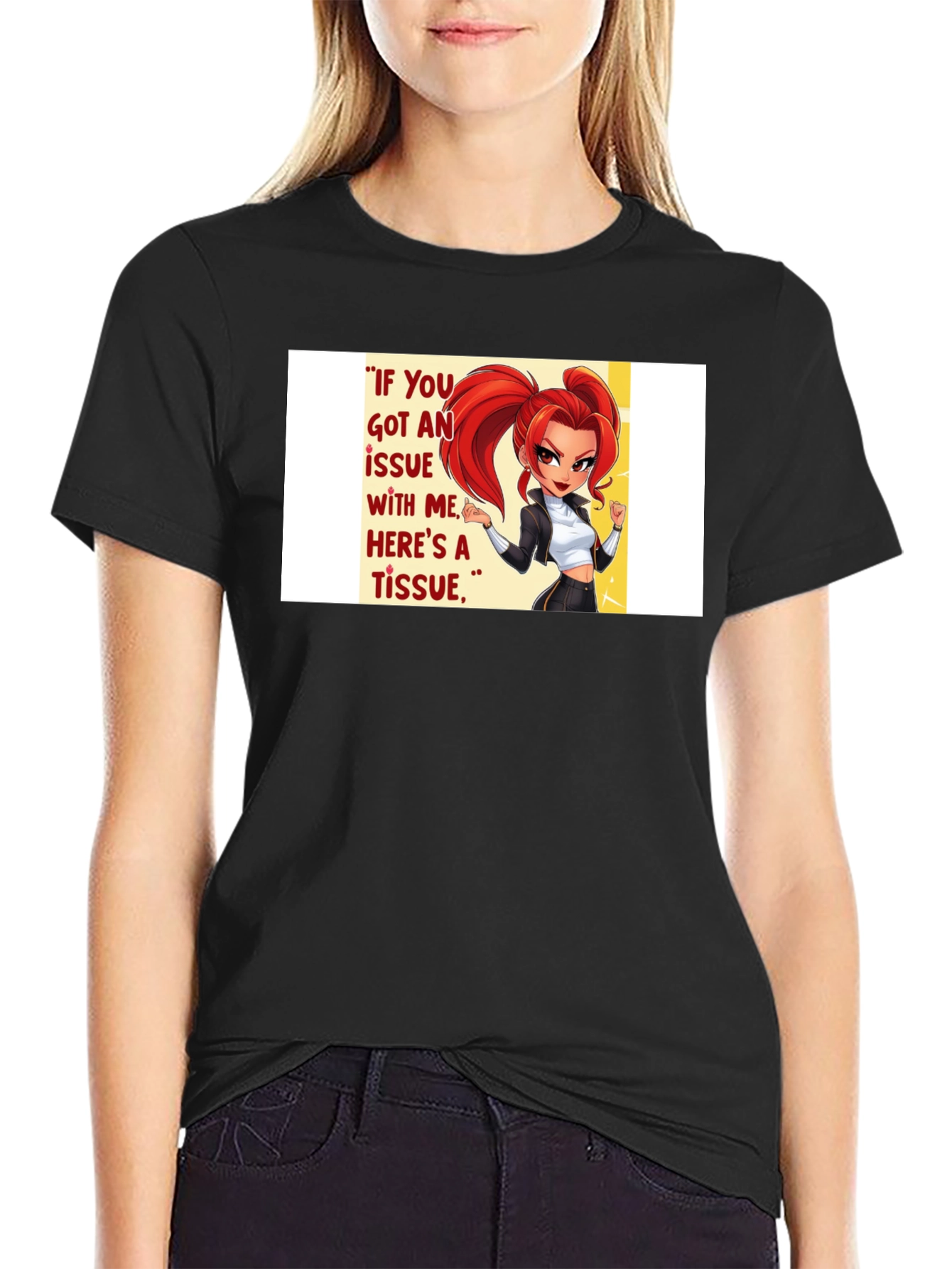 Black Sassy Cartoon Graphic T-Shirt - "Tissue" Quote view 2