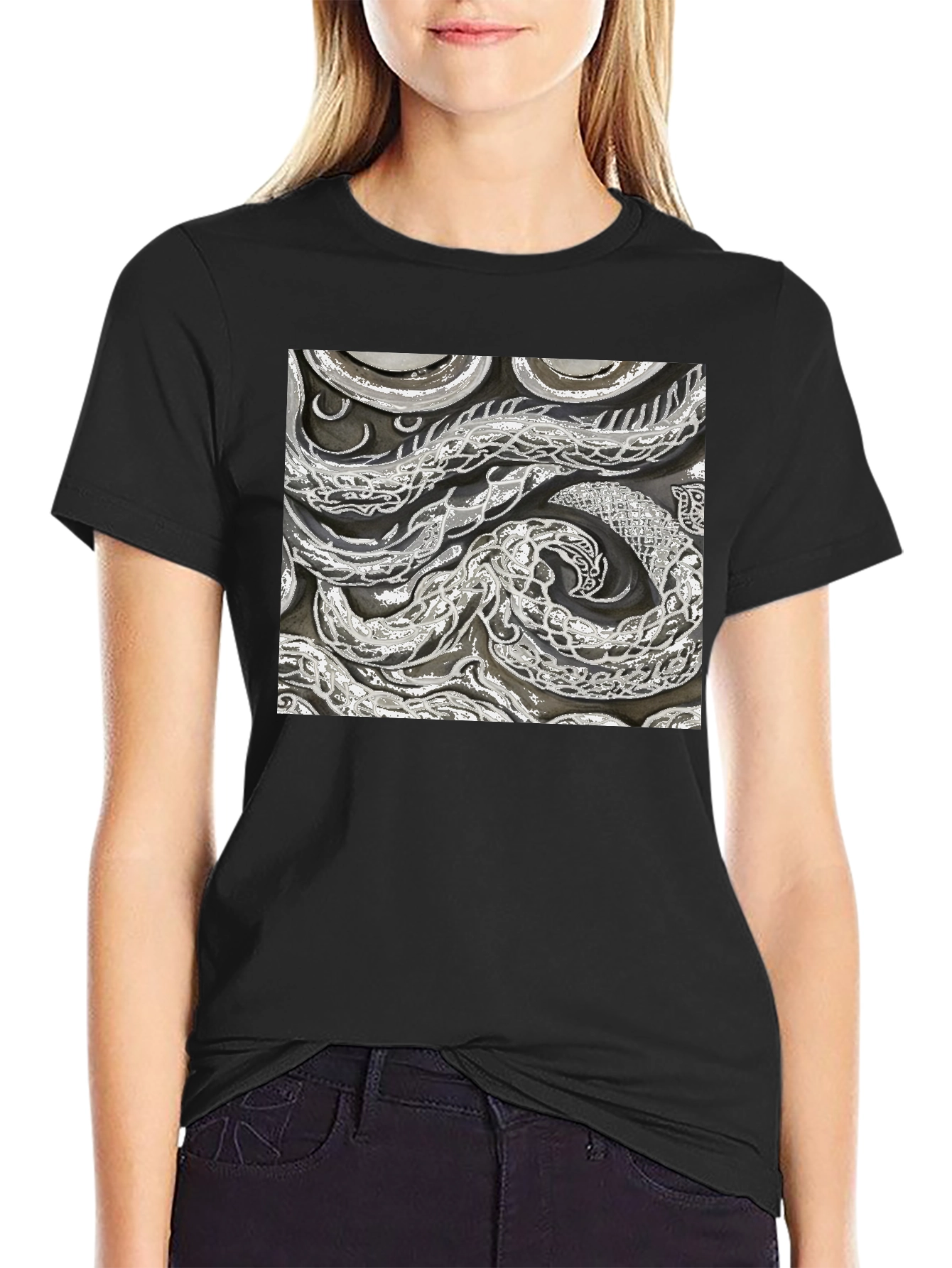 Black Abstract Snake Print Black T-Shirt view 2