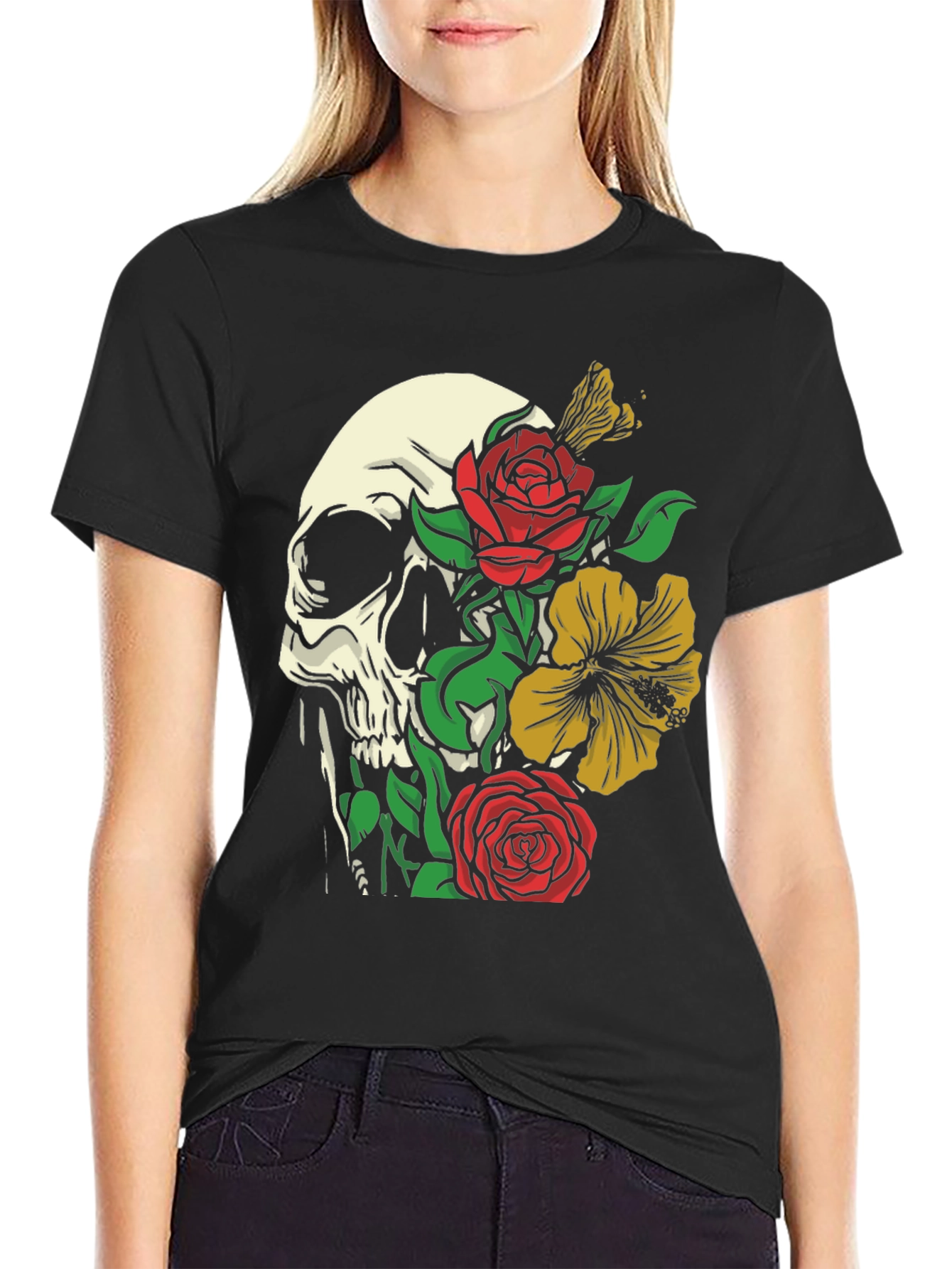 Black Skull & Floral Graphic Tee - Trendy Style view 2