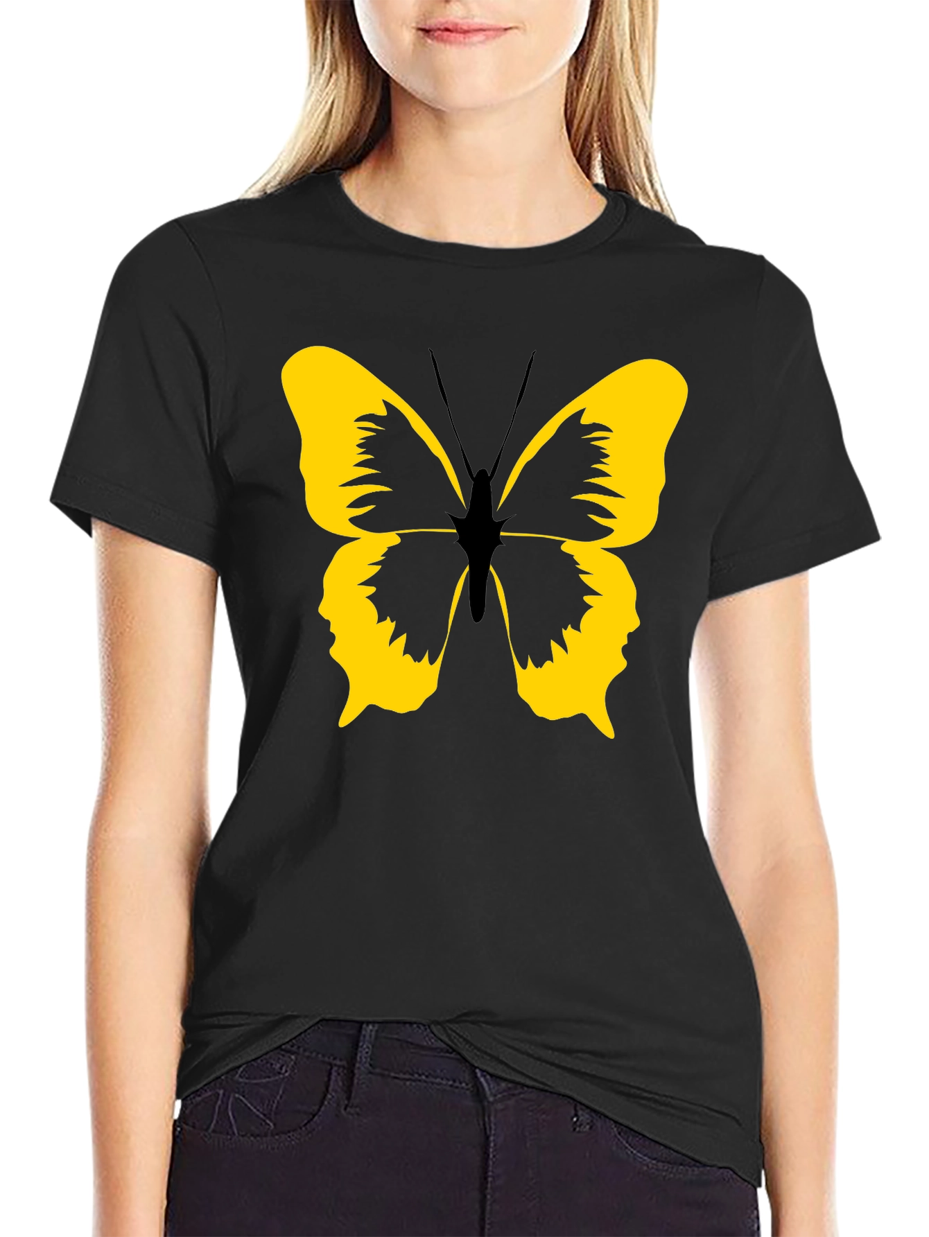 Black Black Tee with Yellow Butterfly Graphic view 2