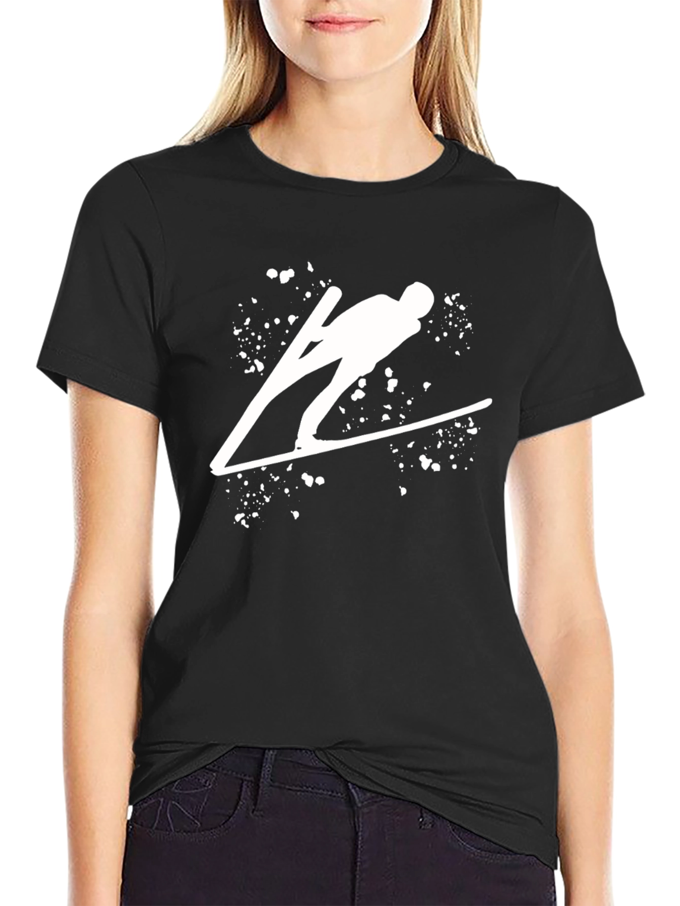 Black Ski Jumping T-Shirt: Graphic Tee for Winter Sports view 2