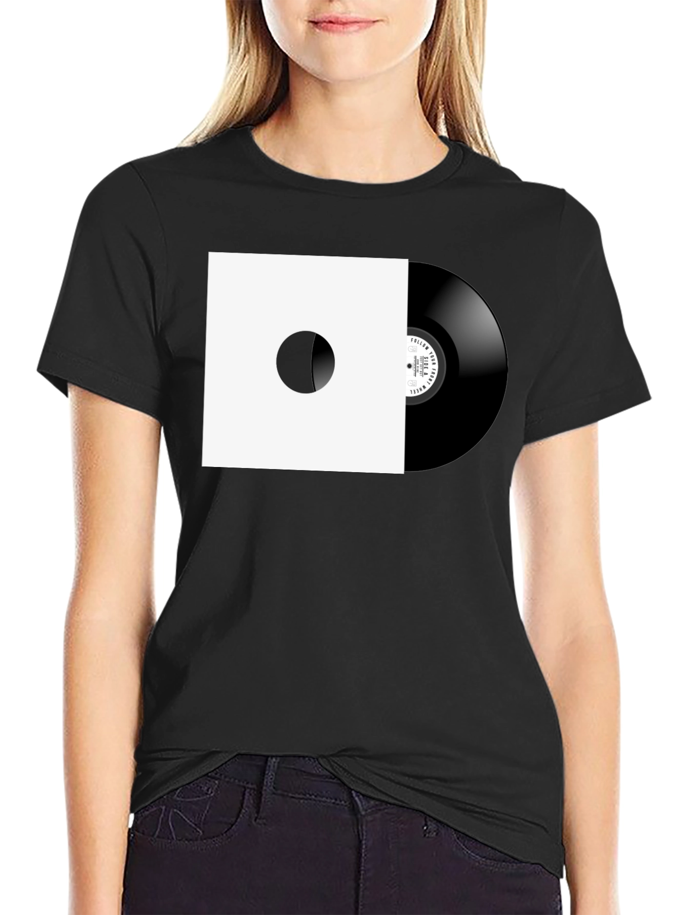 Black Retro Vinyl Record Graphic Tee - Black Cotton view 2