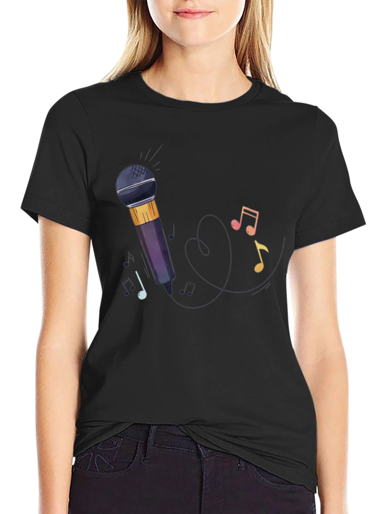 Black Microphone & Music Notes Graphic Tee view 2