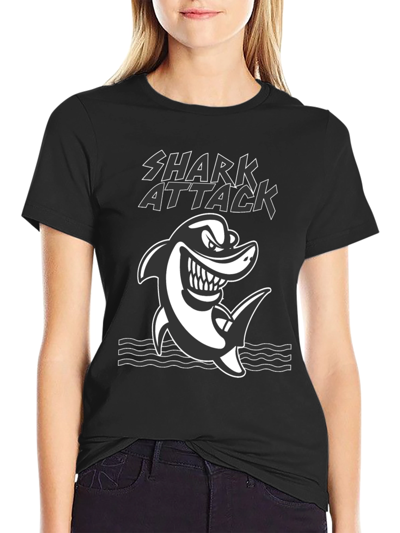 Black Shark Attack Graphic Tee - Black Cotton T-Shirt view 2