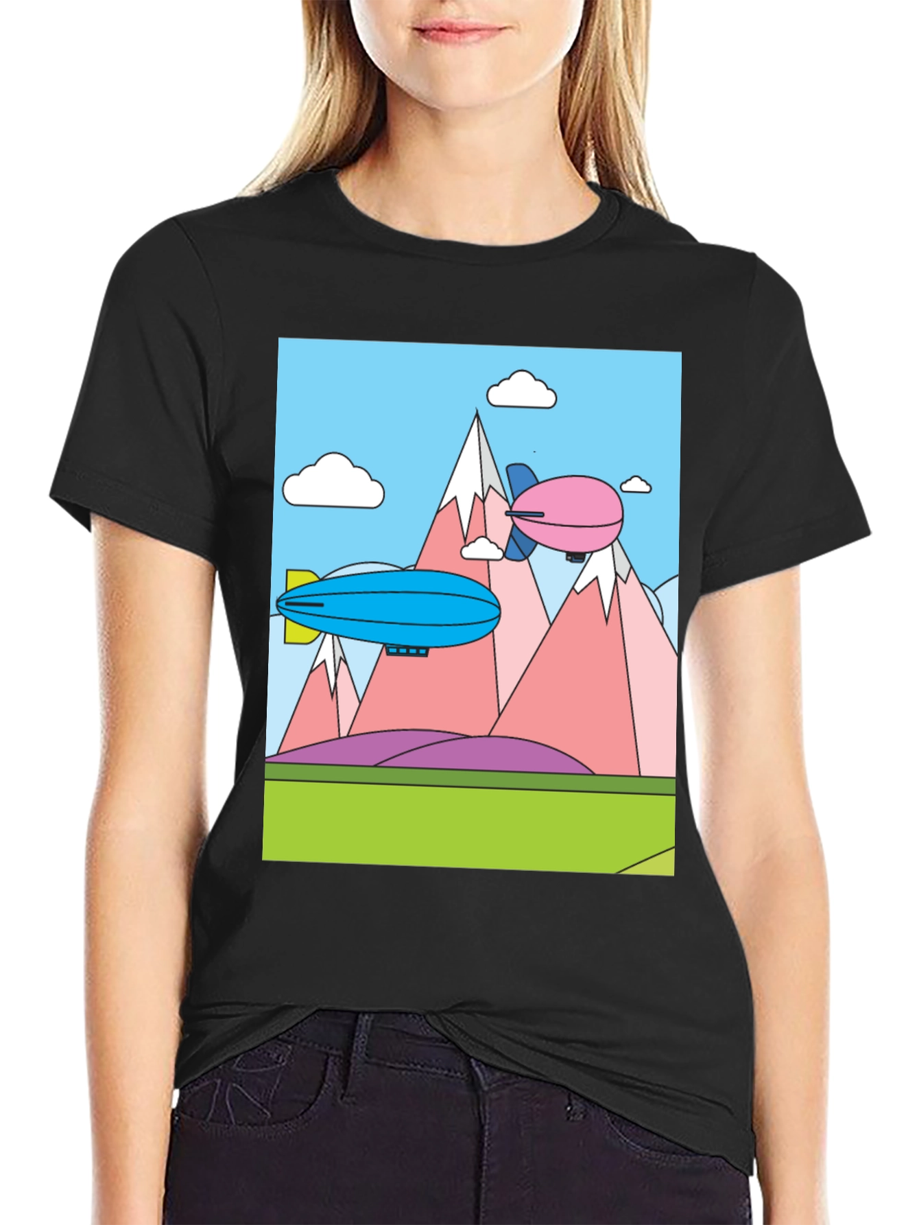 Black Cartoon Landscape Dirigible Graphic Tee view 2