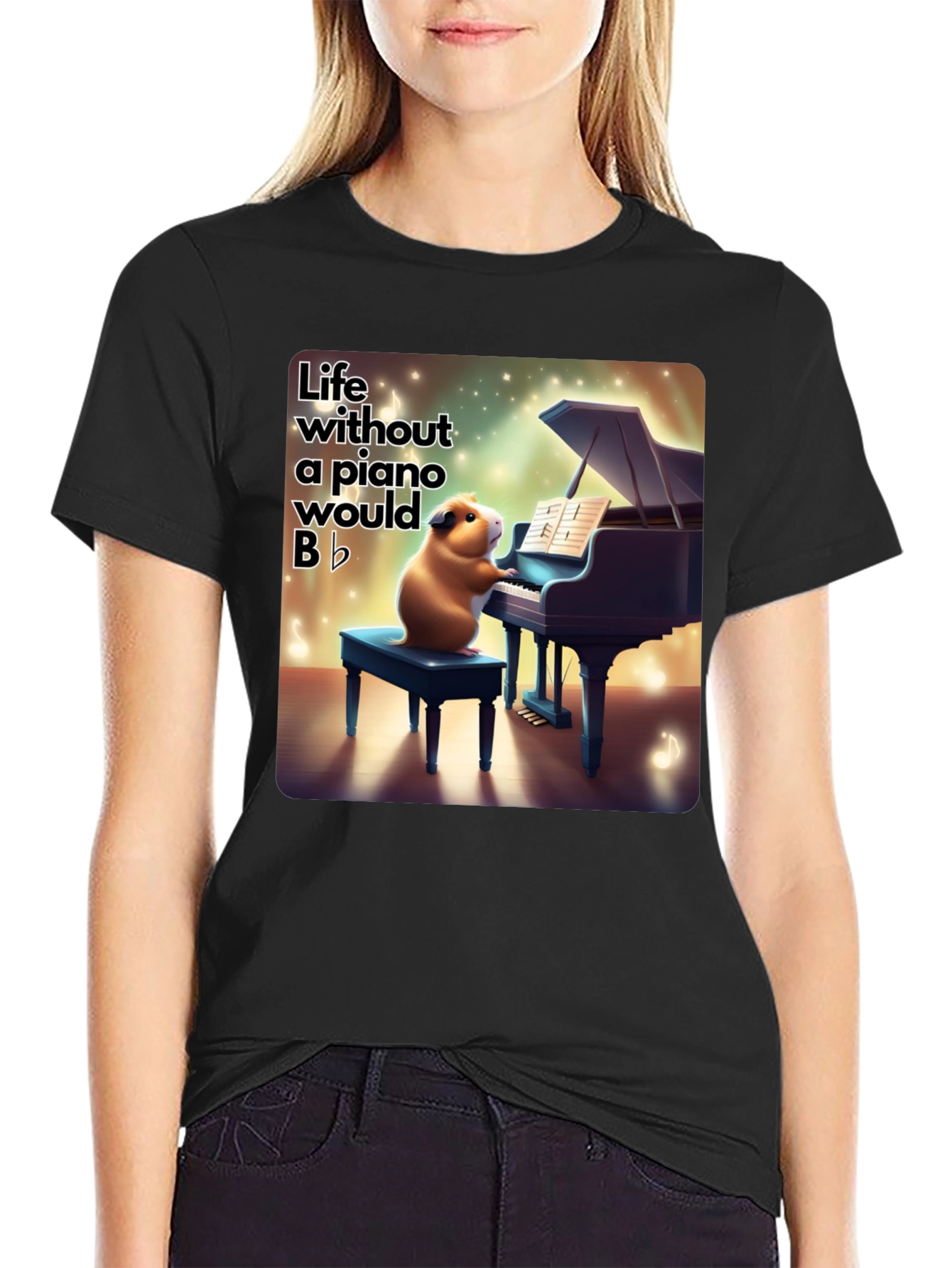 Black Piano Playing Guinea Pig Graphic Tee - Musical Humor view 2