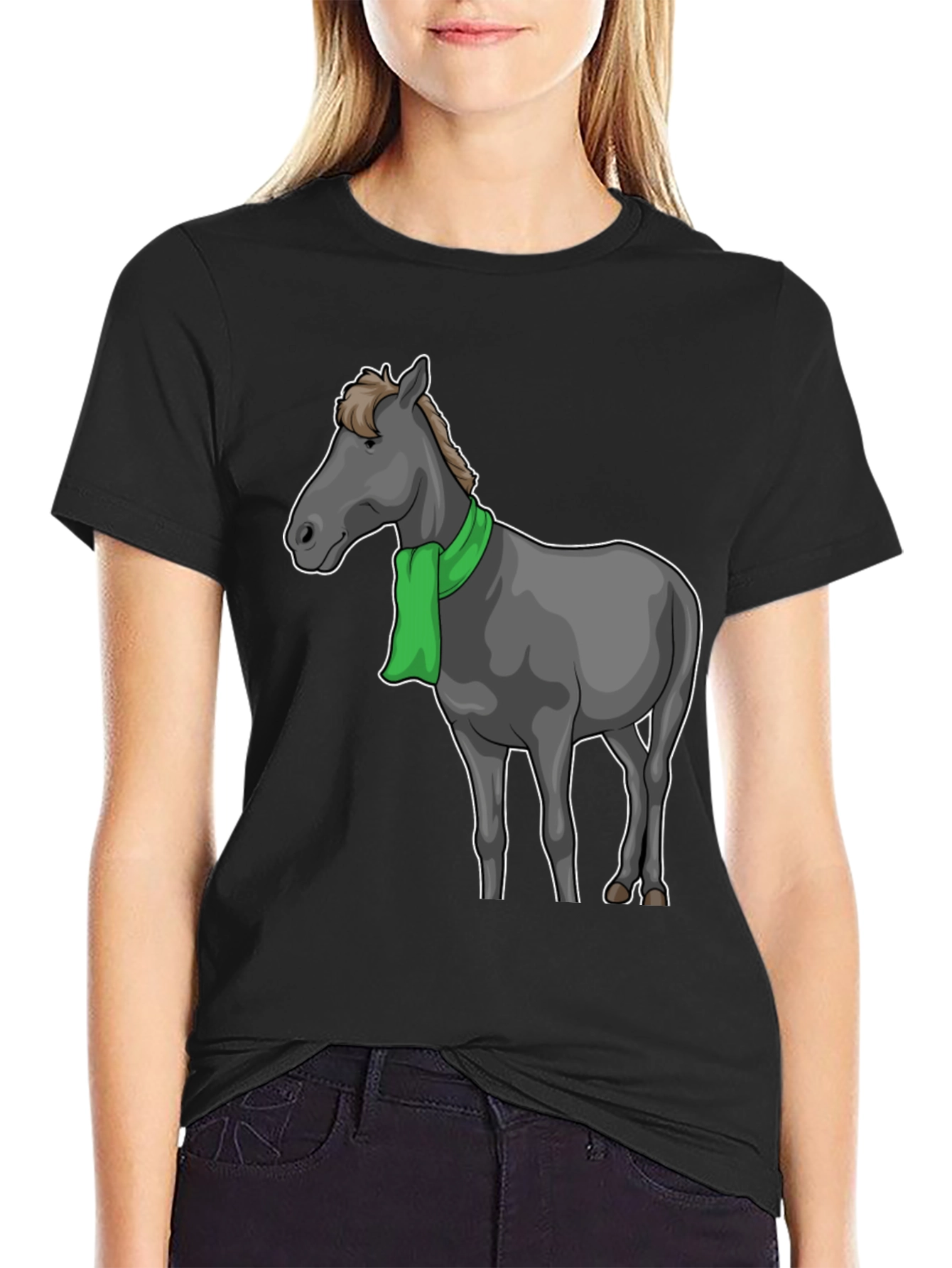 Black Horse Scarf Graphic Tee - Black Cotton T-Shirt view 2