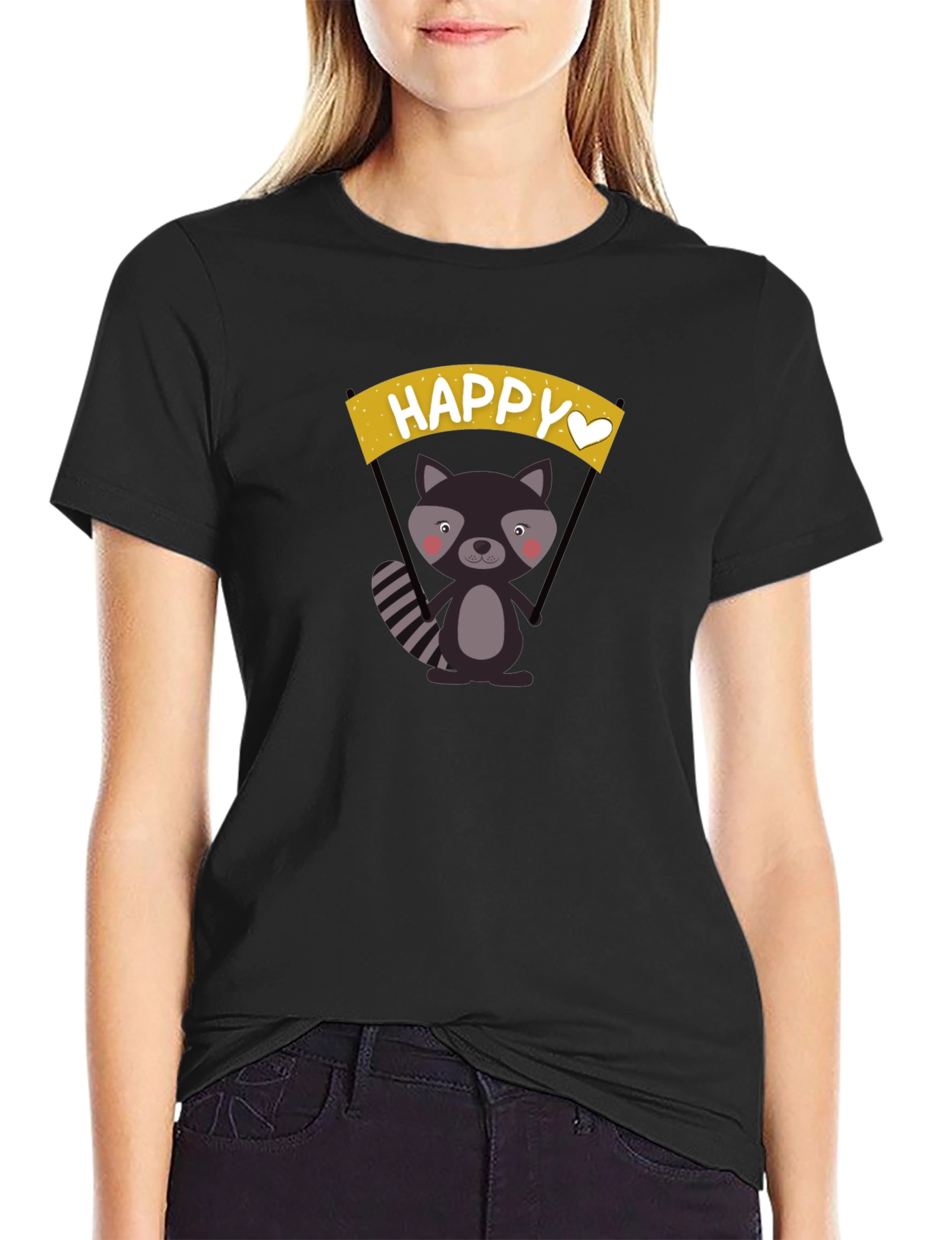 Black Happy Raccoon Graphic T-Shirt view 2