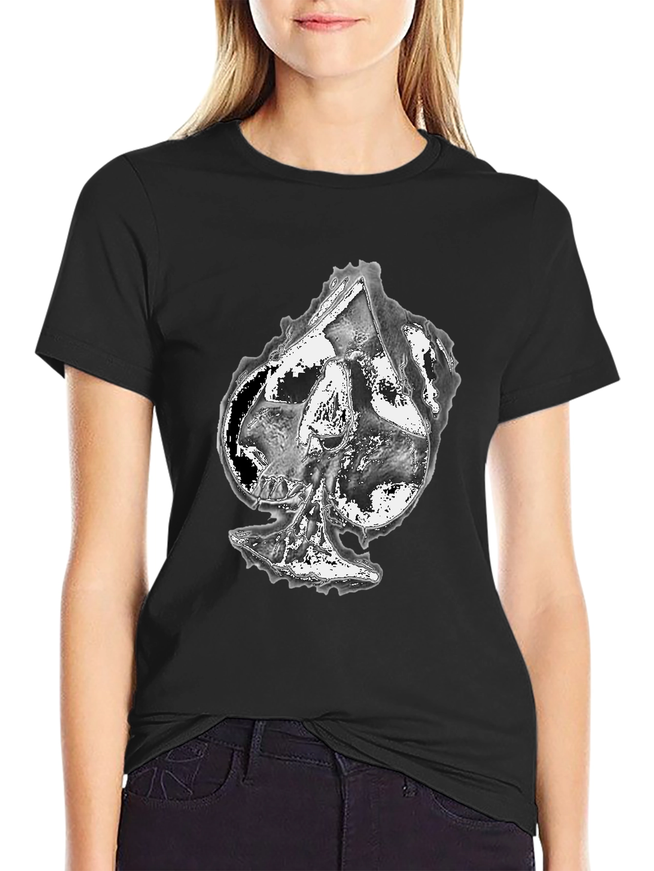 Black Skull Spade Graphic Print Black T-Shirt view 2