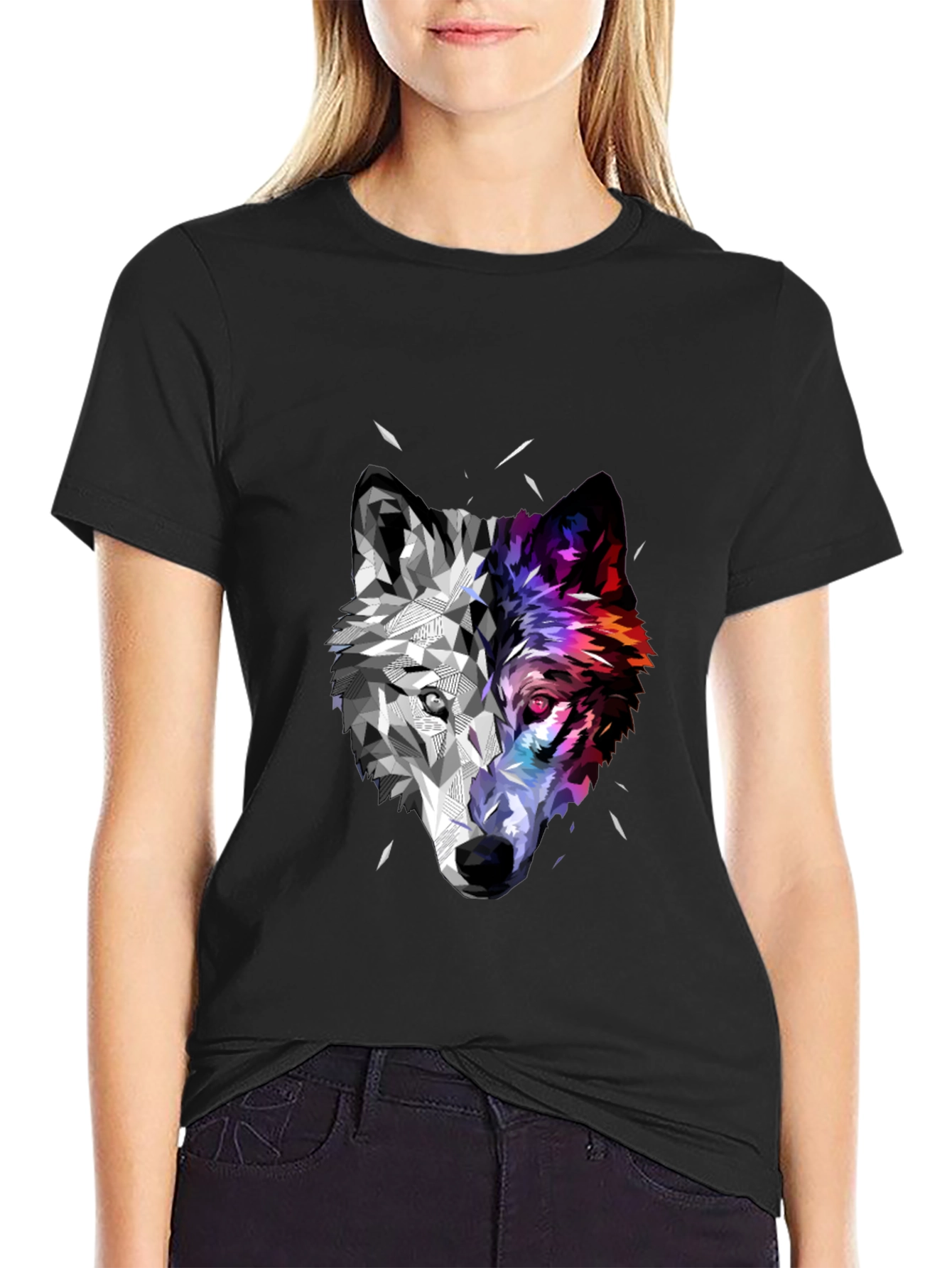 Black Geometric Wolf Head Graphic Black T-Shirt view 2