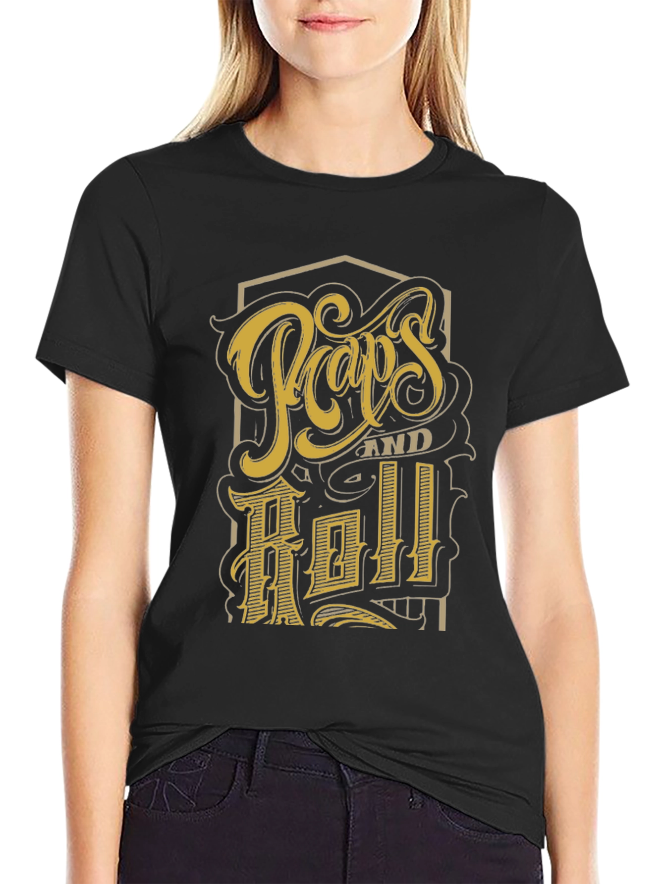 Black Retro "Pops and Roll" Graphic Print Black T-Shirt view 2