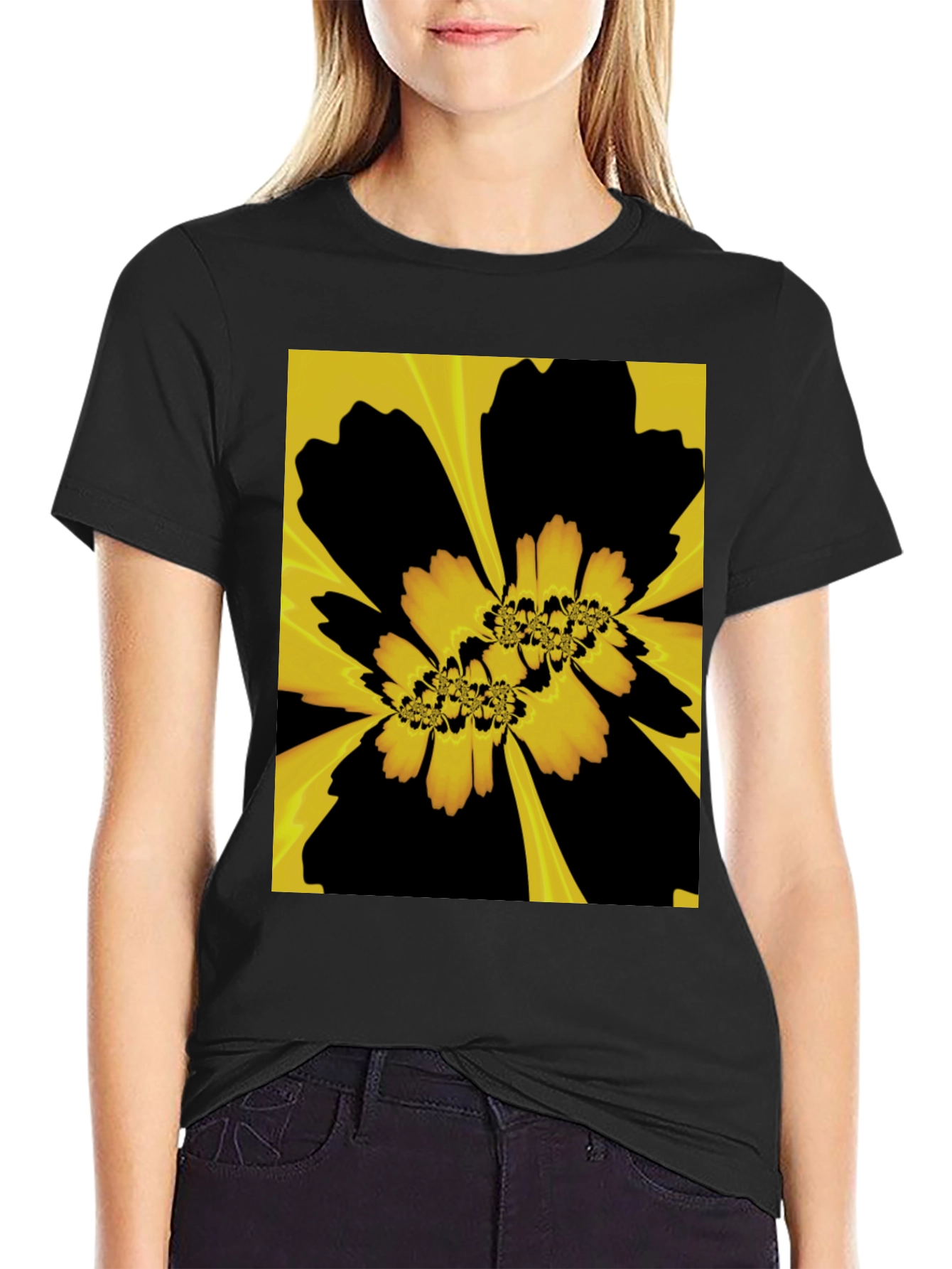Black Abstract Floral Graphic Black T-Shirt view 2