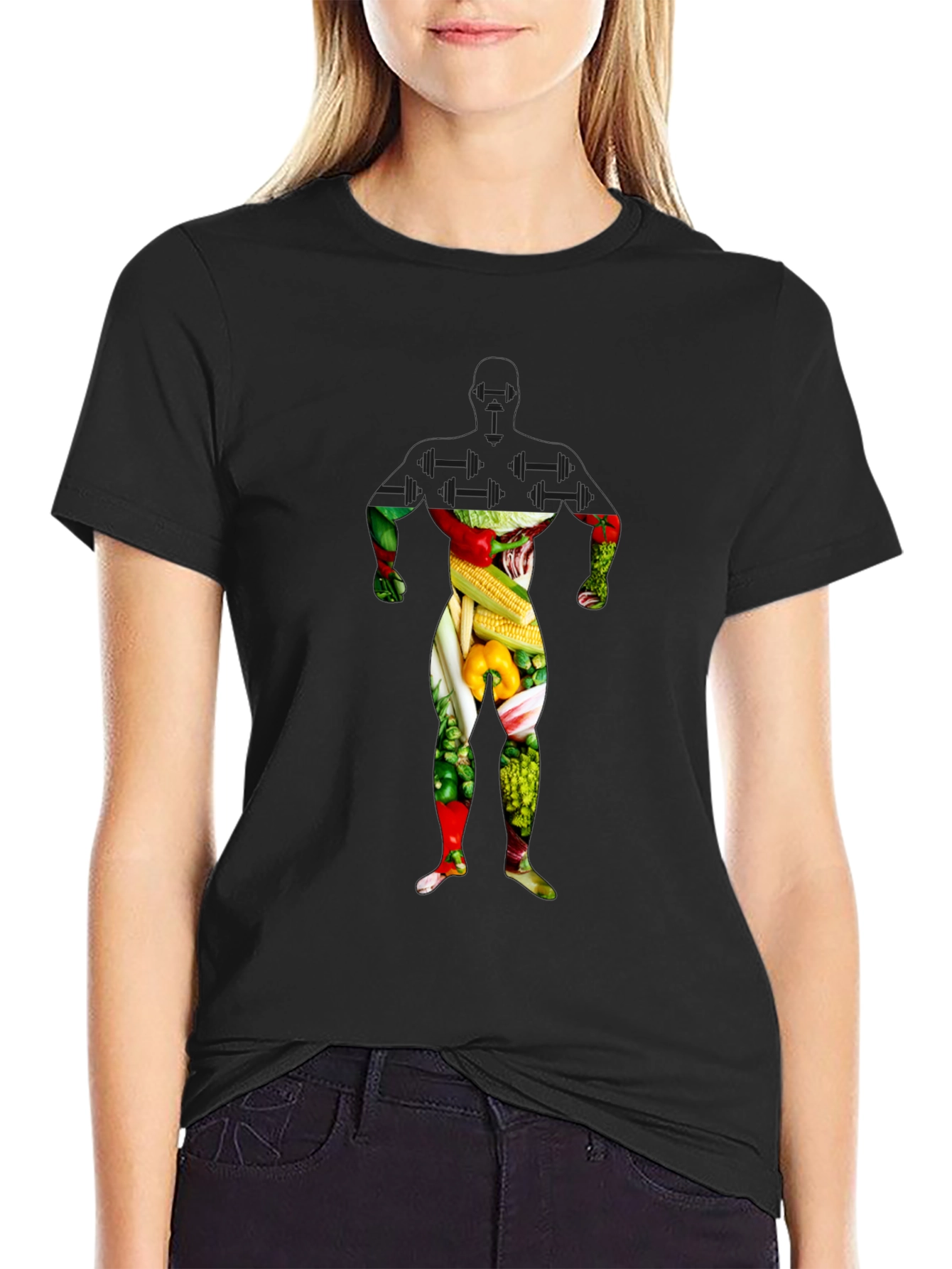 Black Veggie Man Graphic T-Shirt - Black Crew Neck view 2