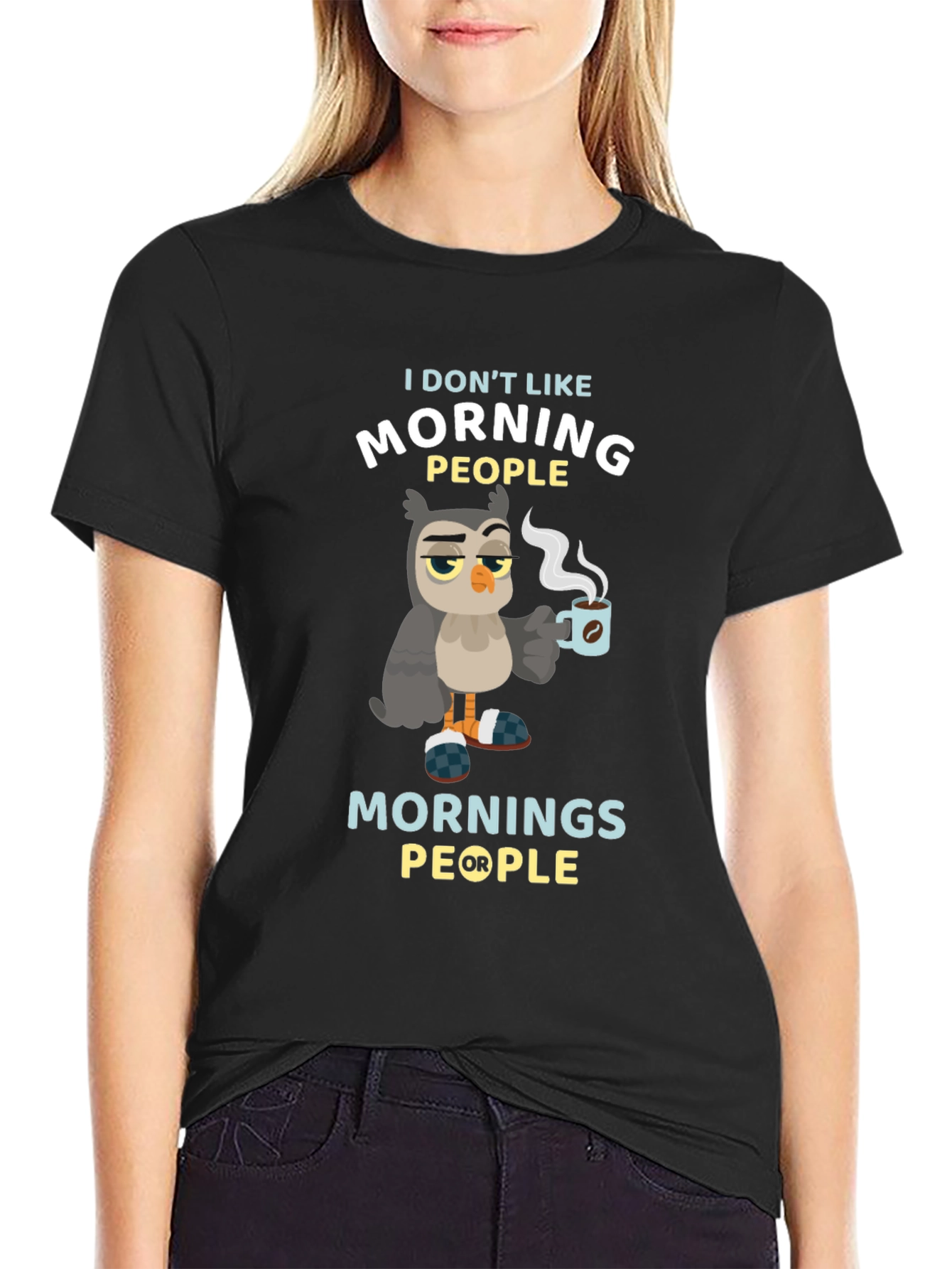Black Funny Owl Coffee T-Shirt - I Don't Like Morning People view 2