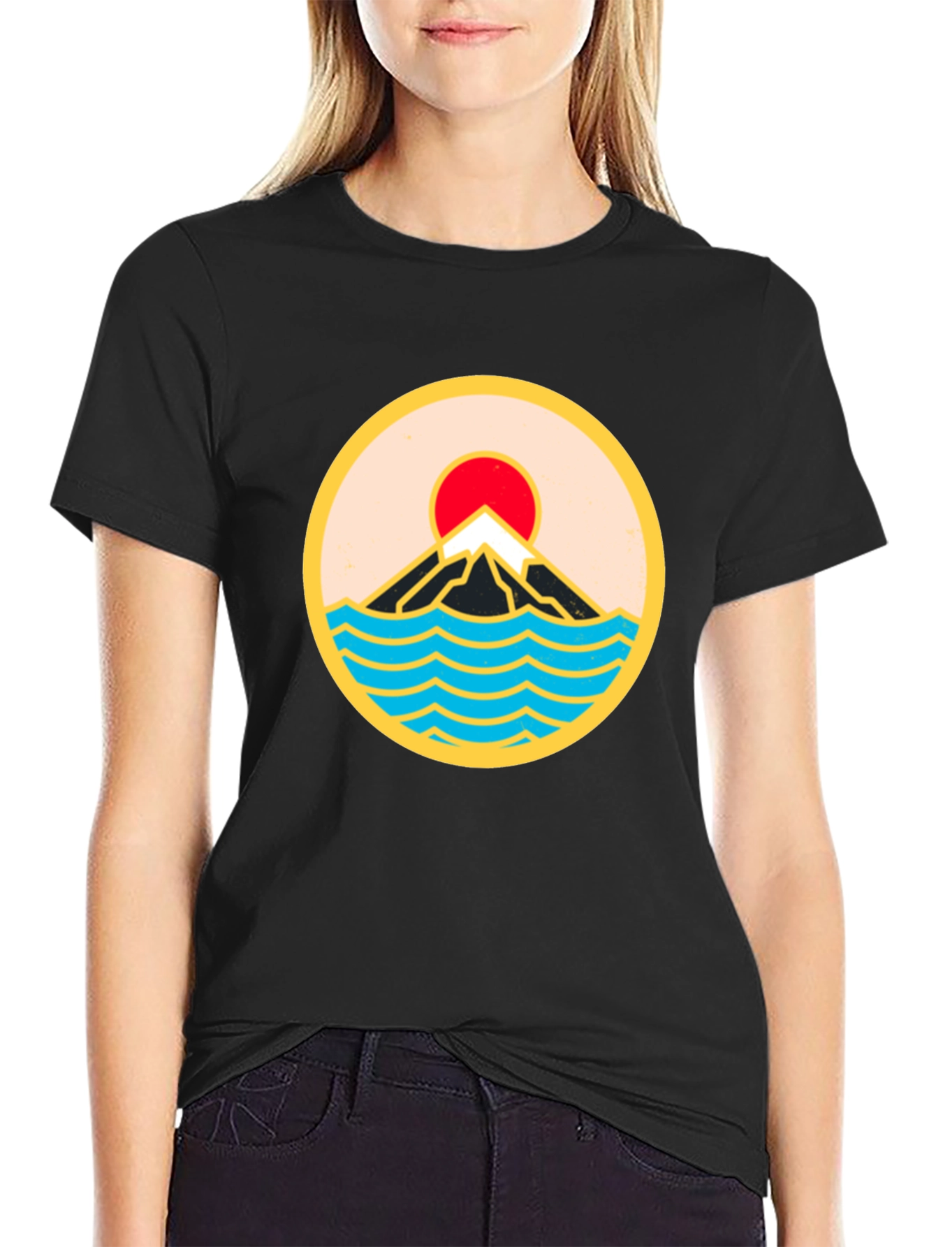 Black T-Shirt with Mountain and Wave Design - 2