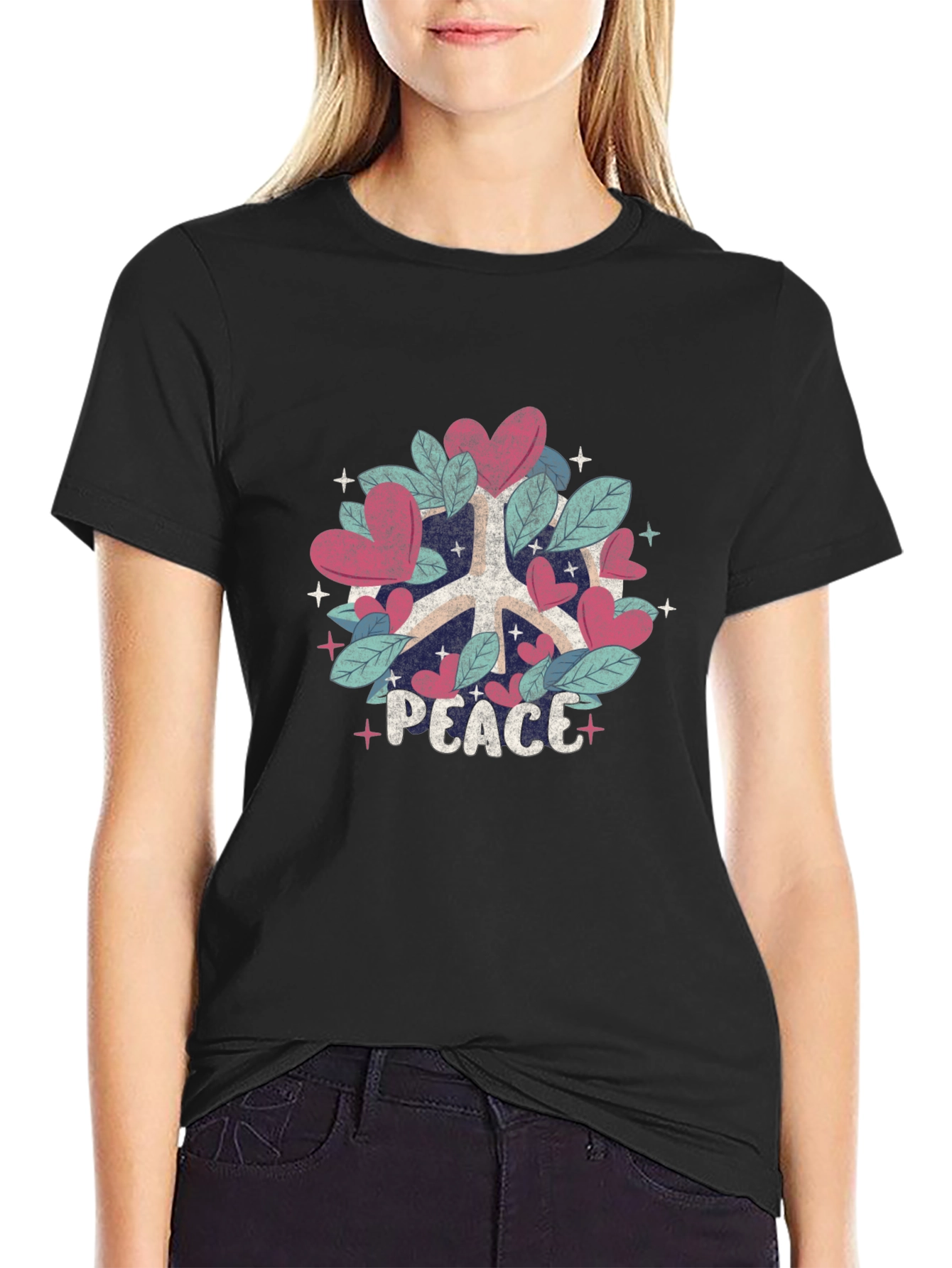 Black Peace Sign Heart & Leaves T-Shirt view 2