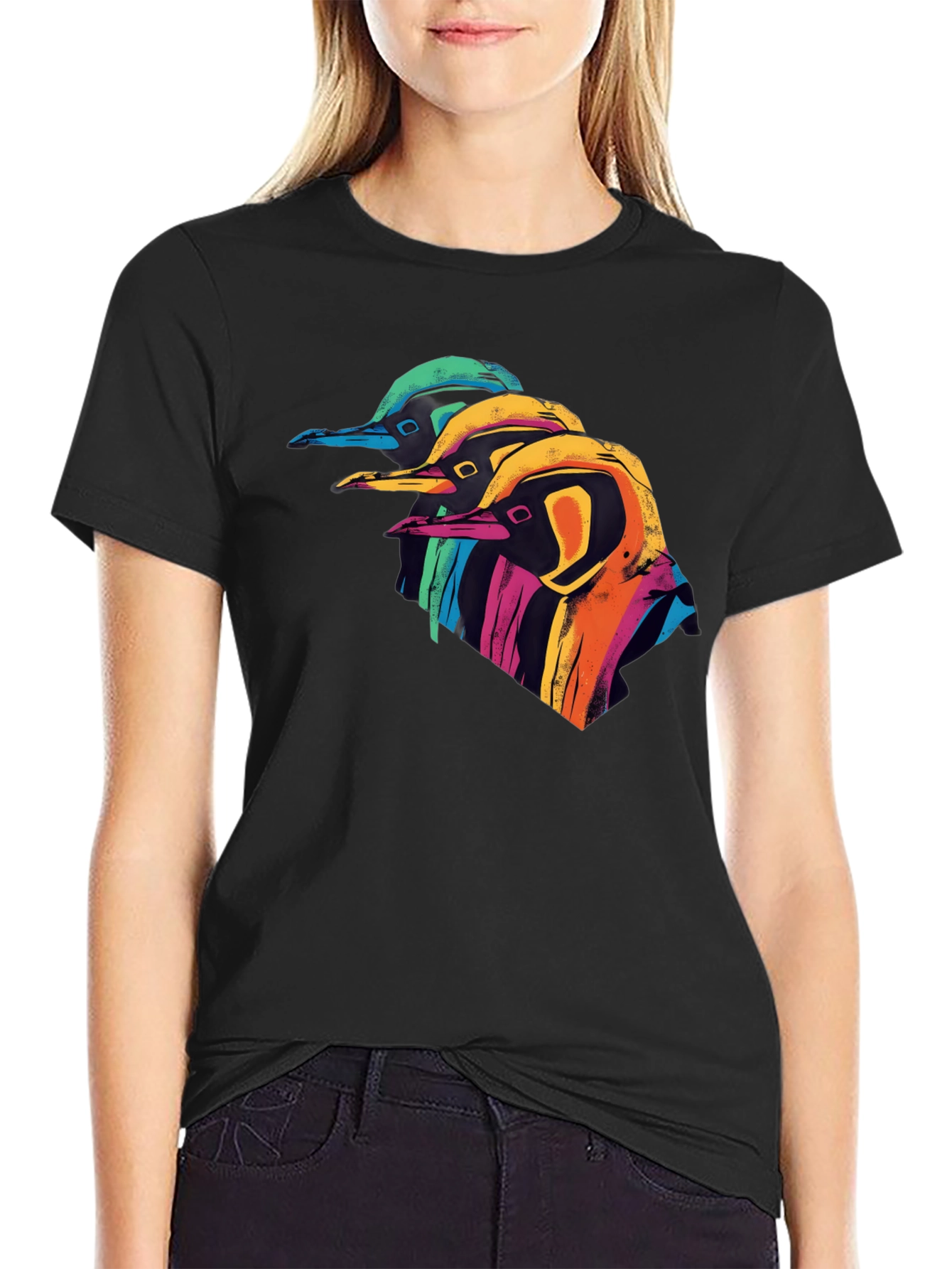 Black Colorful Penguin Graphic Black T-Shirt view 2