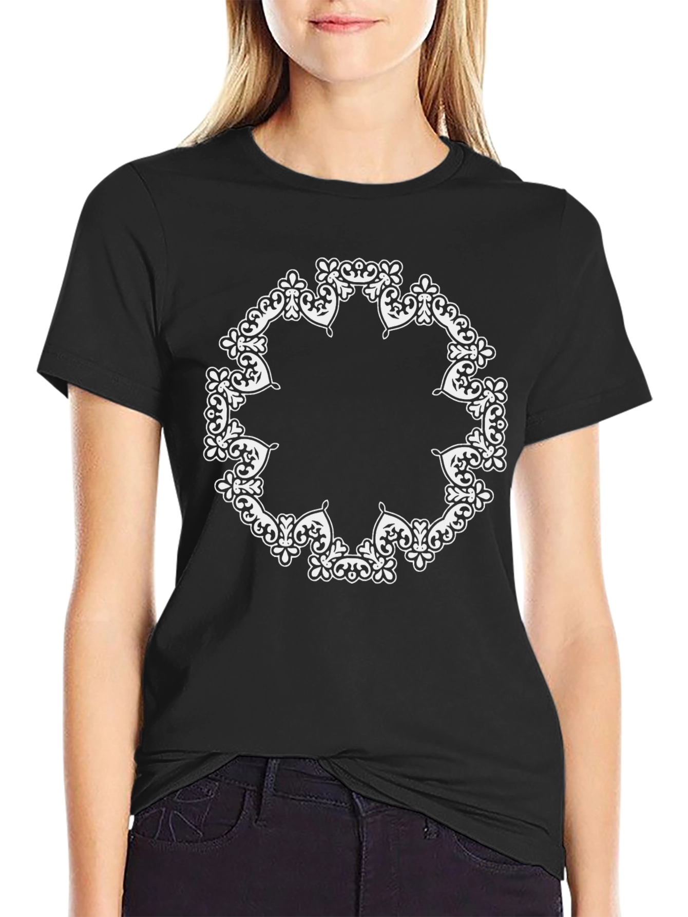 Black Ornate Circle Graphic Black T-Shirt view 2
