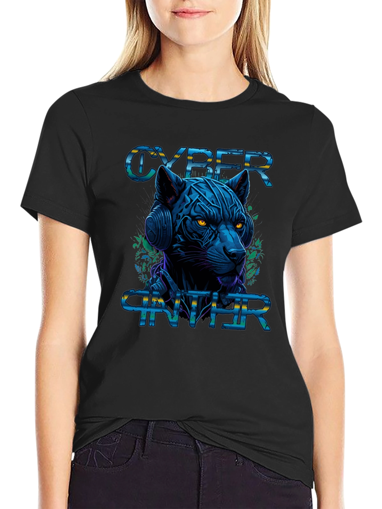 Black Cyber Panther Graphic Tee - Stylish Black T-Shirt view 2