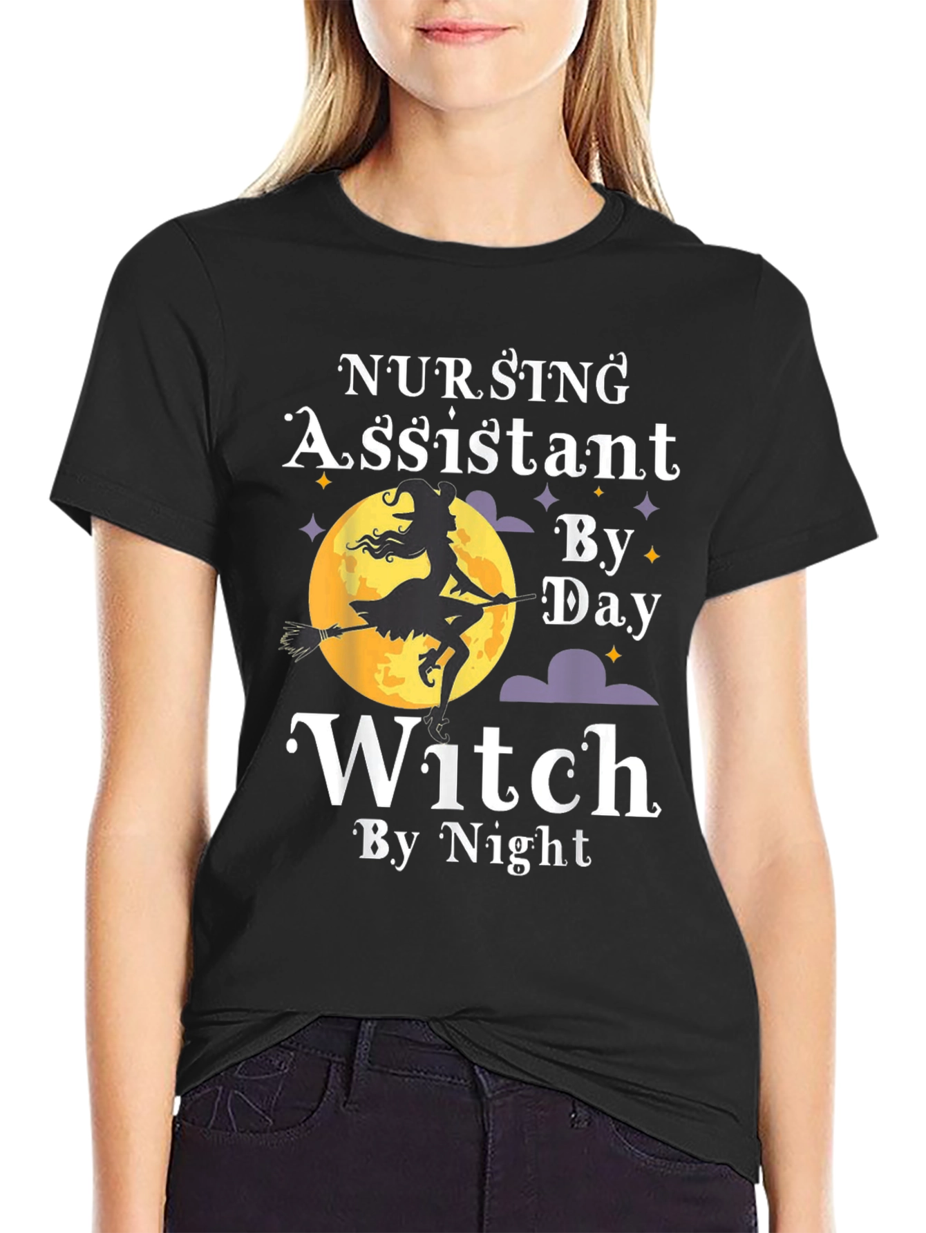 Black Nursing Assistant Witch By Day Halloween T-Shirt view 2