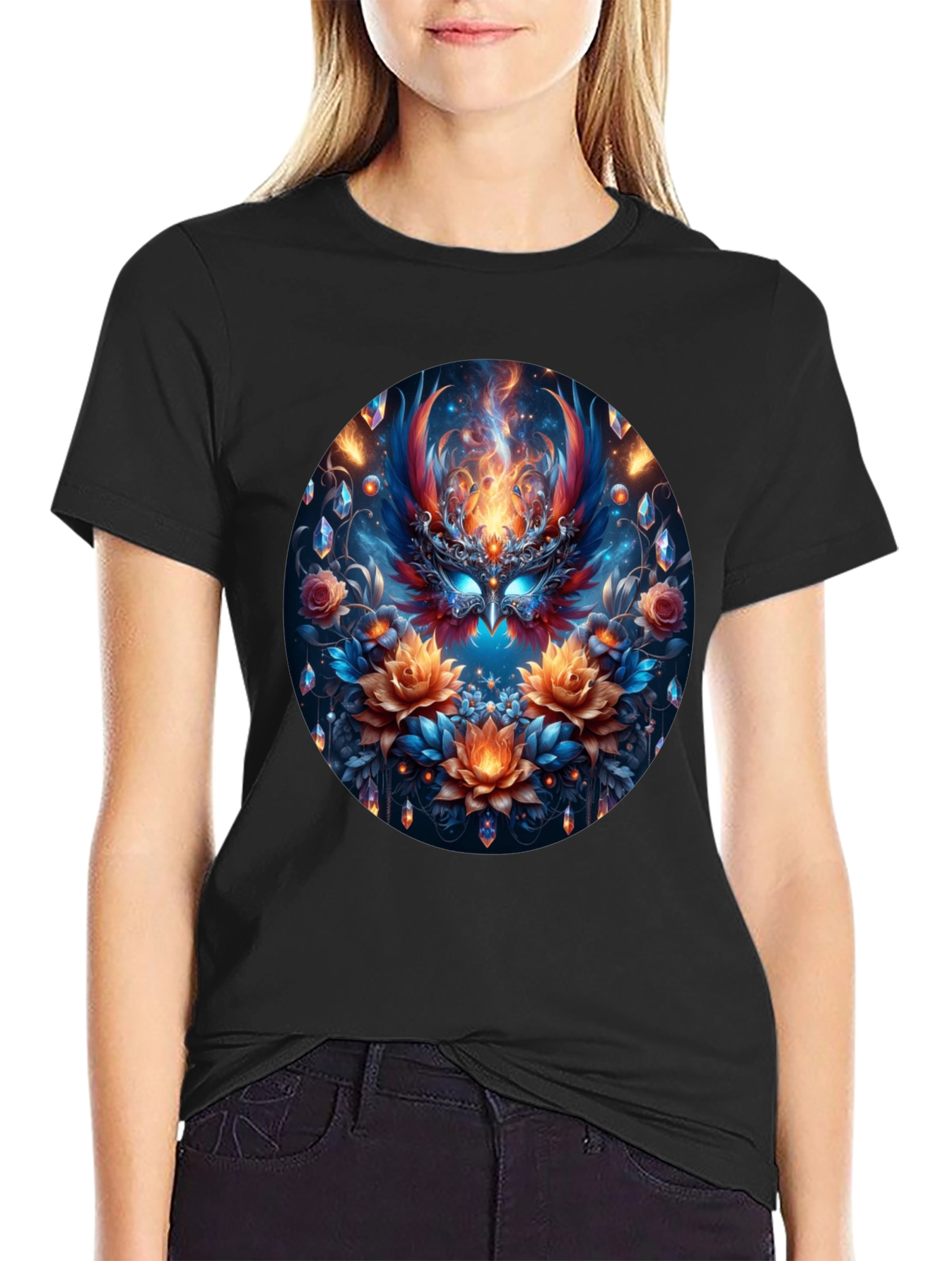 Black Phoenix Floral Art Black T-Shirt view 2