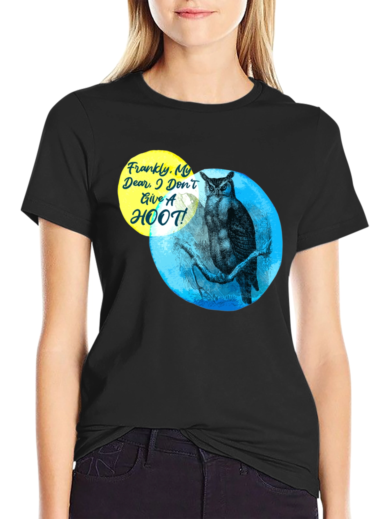 Black Funny Owl T-Shirt - Frankly, My Dear, I Don't Give a Hoot! view 2