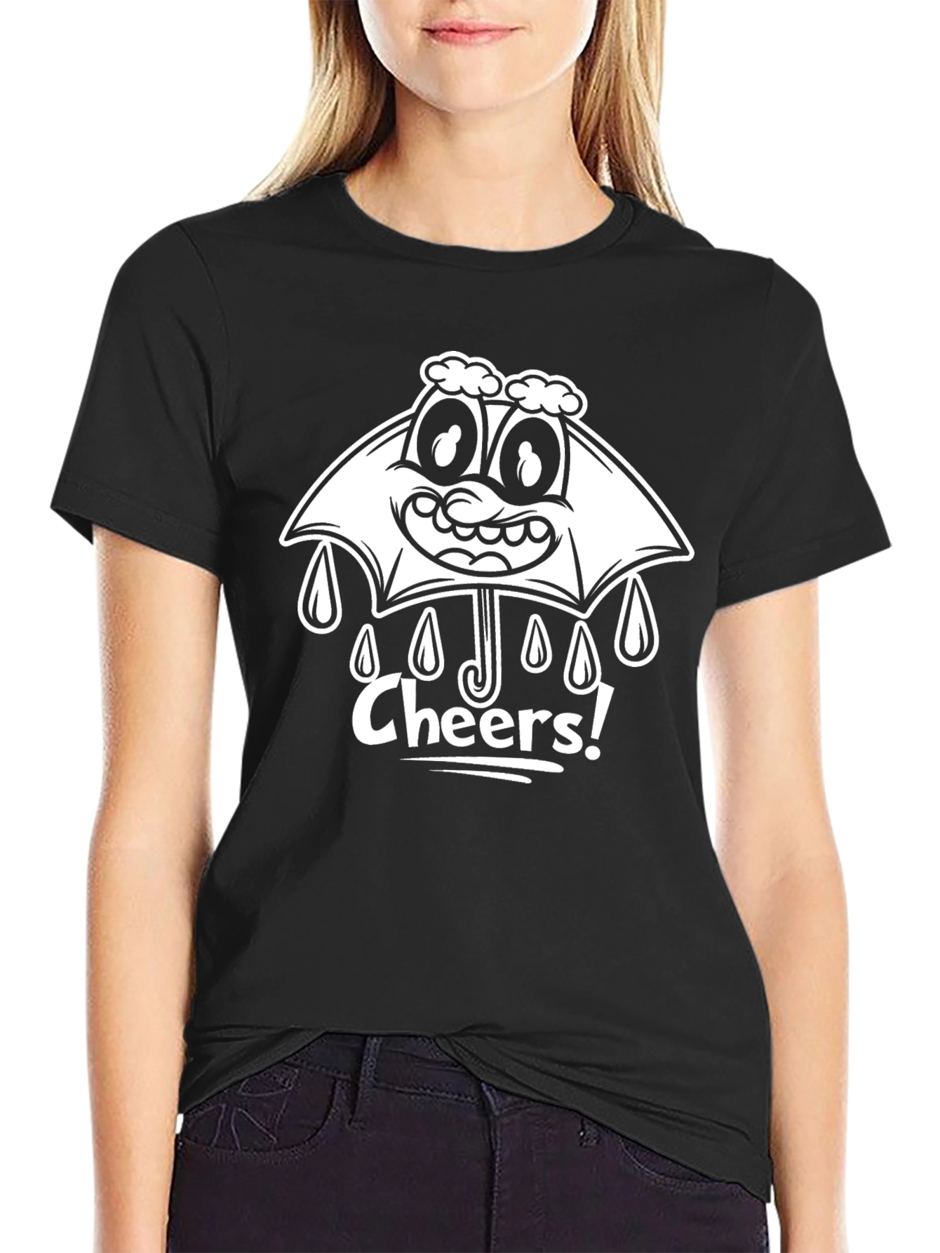 Black Cheers Umbrella Cartoon Graphic Black T-shirt view 2
