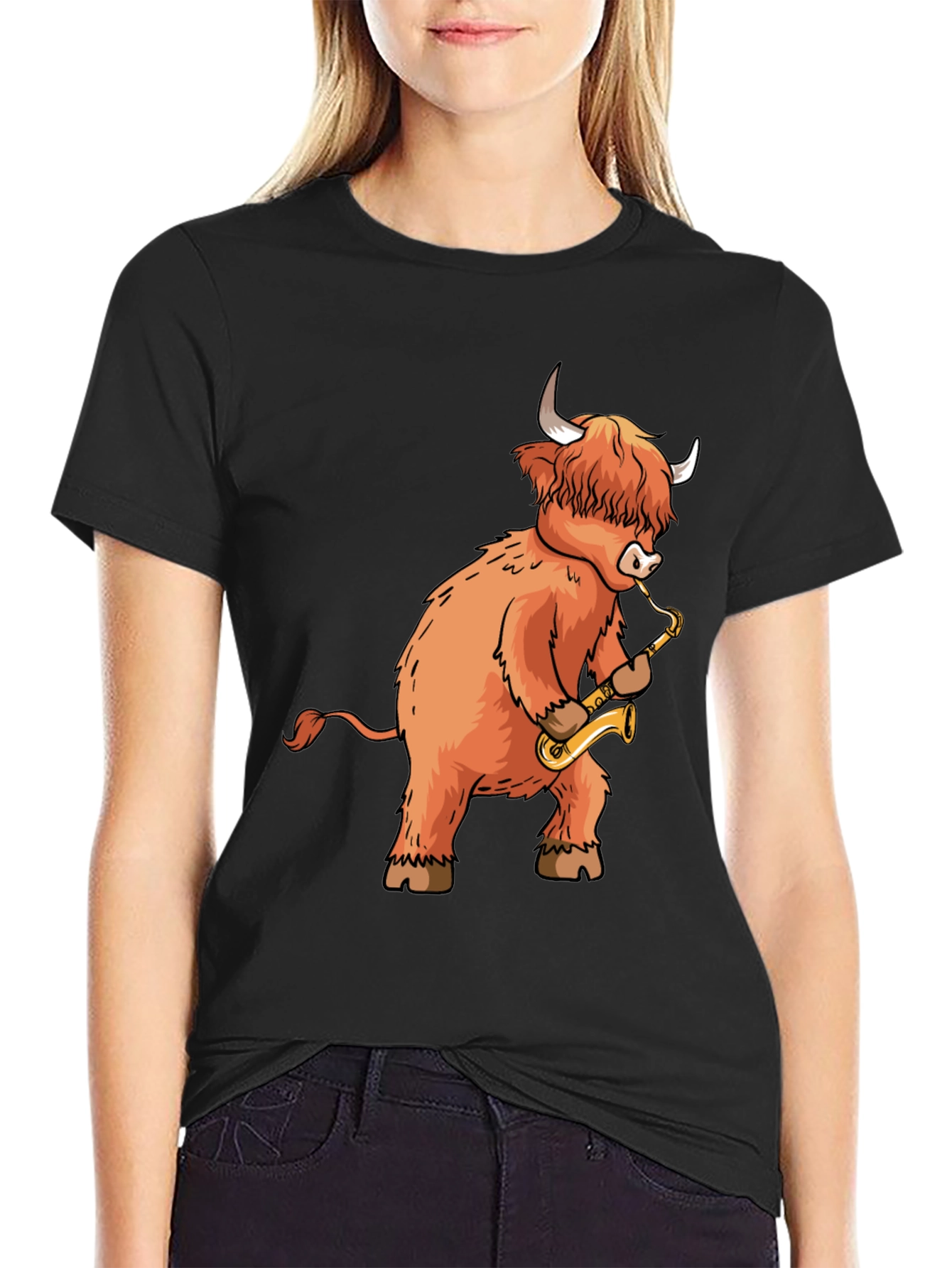 Black Highland Cow Saxophone T-Shirt - Funny Music Tee view 2