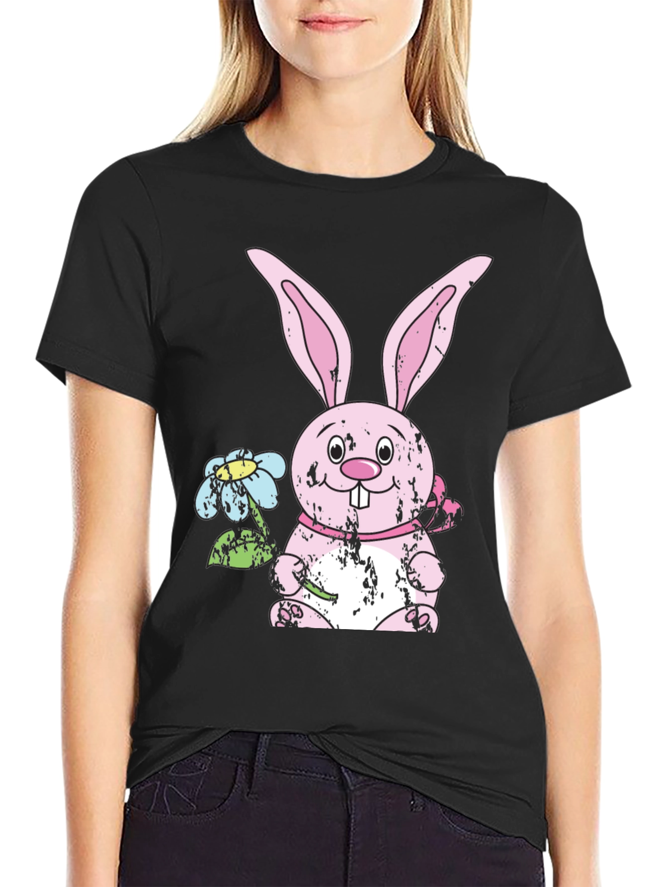 Camiseta Negra con Diseño de Conejo de Pascua