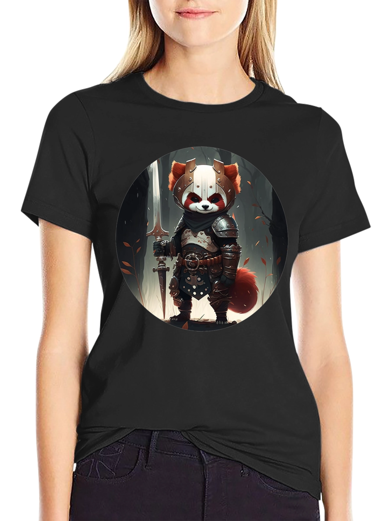 Black Red Panda Knight Graphic Tee - Unique Black T-Shirt view 2
