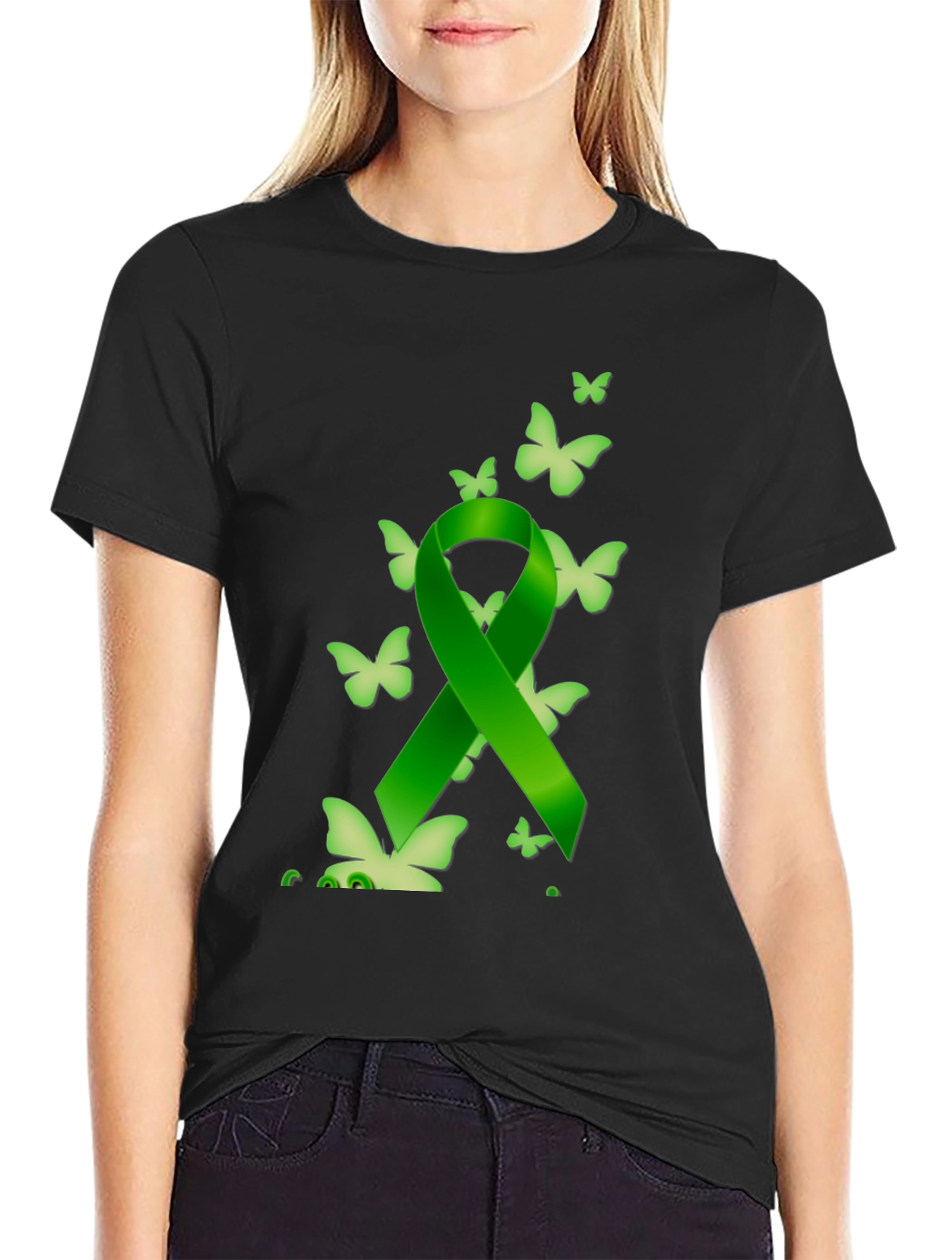 Black Green Ribbon Butterfly Black T-Shirt view 2