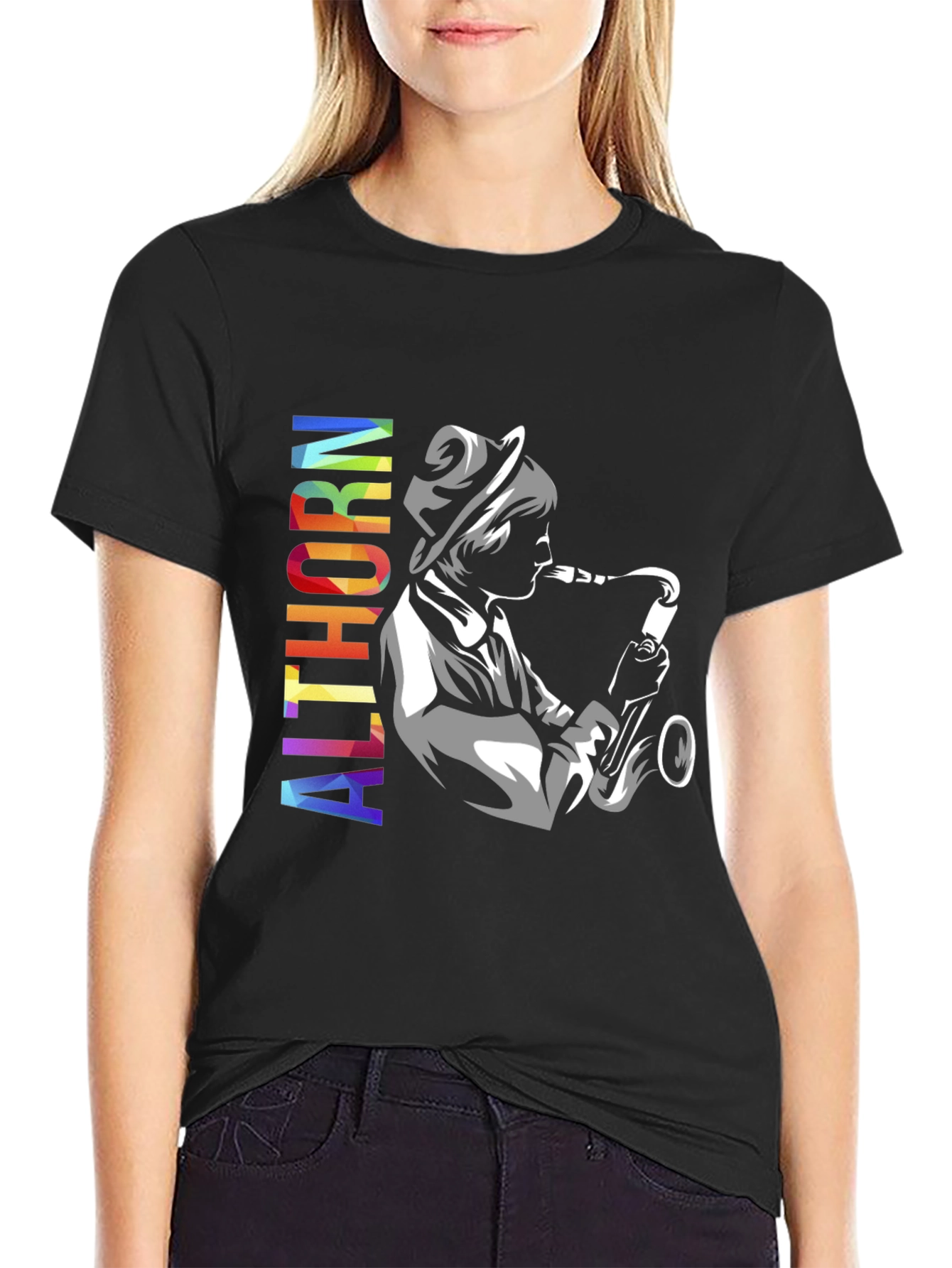 Black Althorn Saxophone Player Graphic T-Shirt view 2